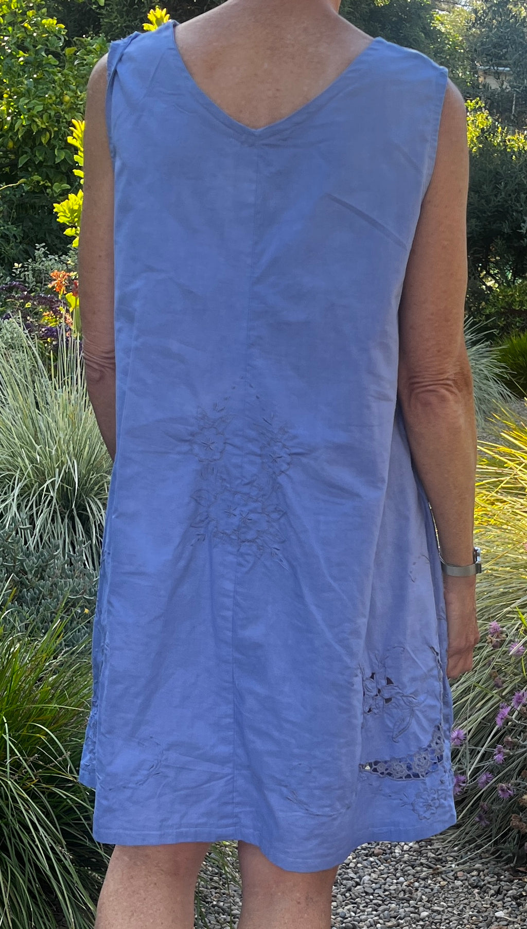 Handmade Sleeveless Blue Embroidered A-Line Dress — Floral Crescent Cutwork, Upcycled Vintage