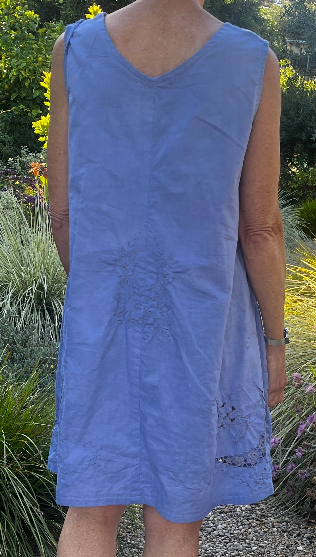 Handmade Sleeveless Blue Embroidered A-Line Dress — Floral Crescent Cutwork, Upcycled Vintage