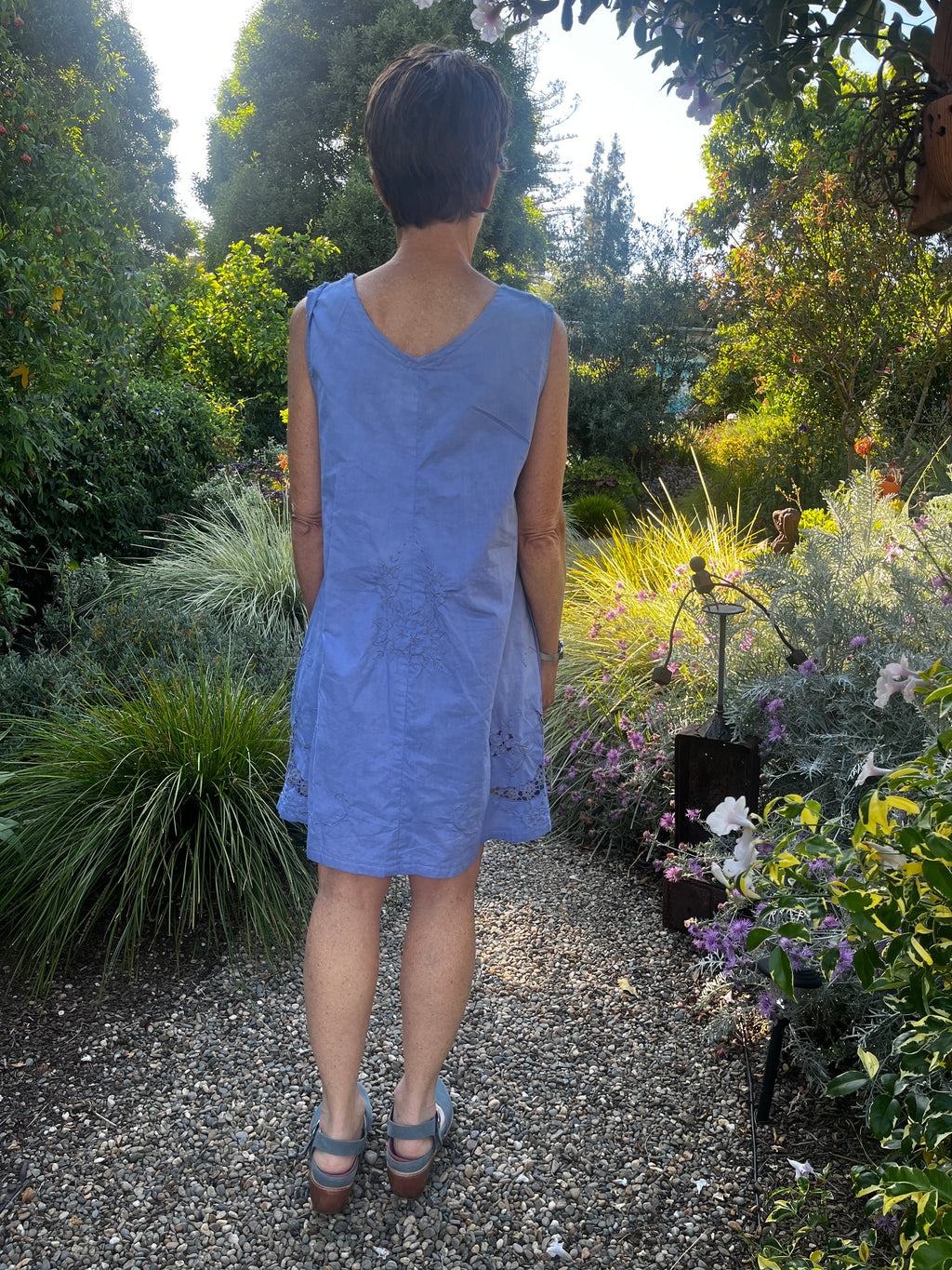 Handmade Sleeveless Blue Embroidered A-Line Dress — Floral Crescent Cutwork, Upcycled Vintage