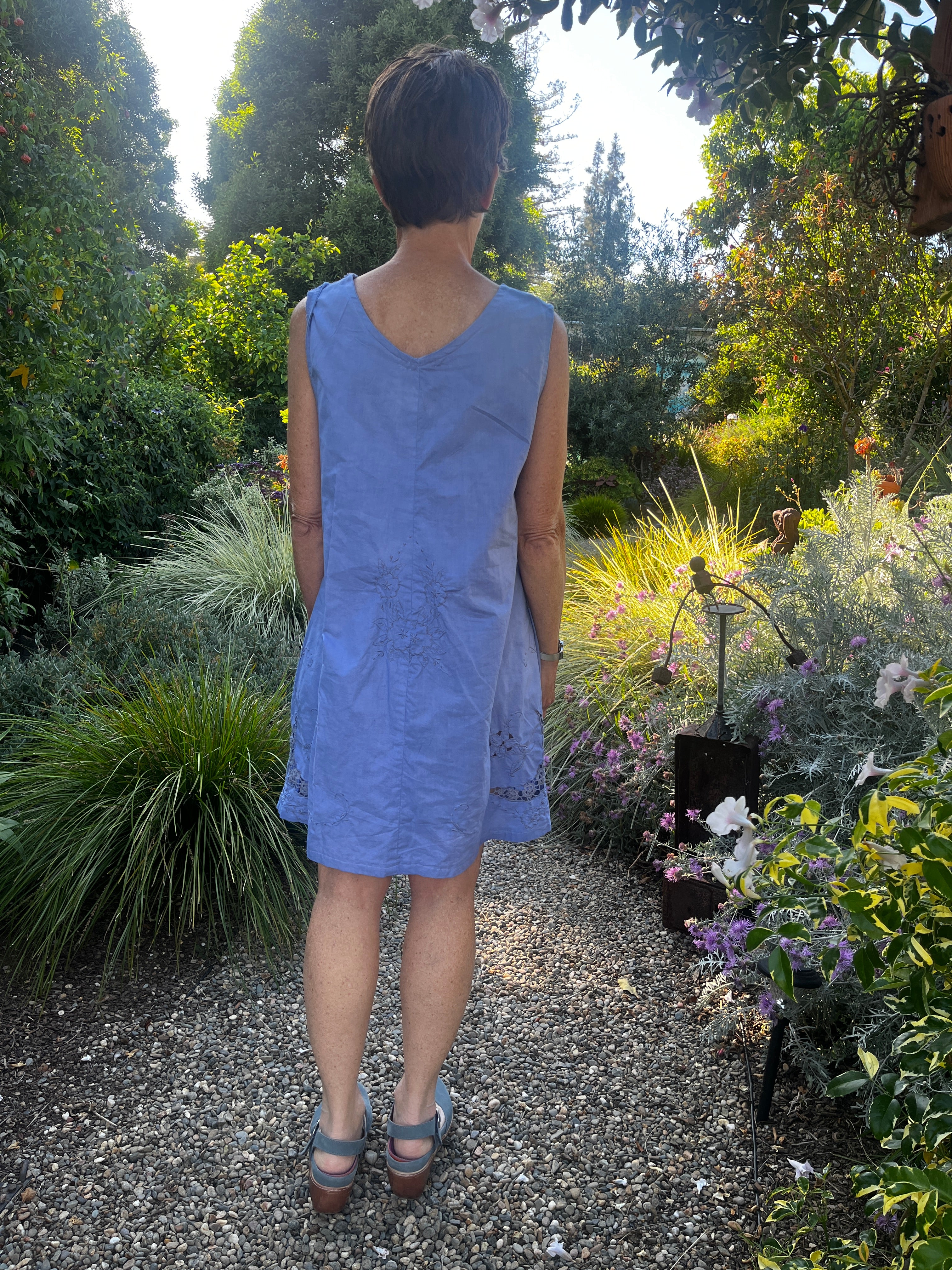 Handmade Sleeveless Blue Embroidered A-Line Dress — Floral Crescent Cutwork, Upcycled Vintage