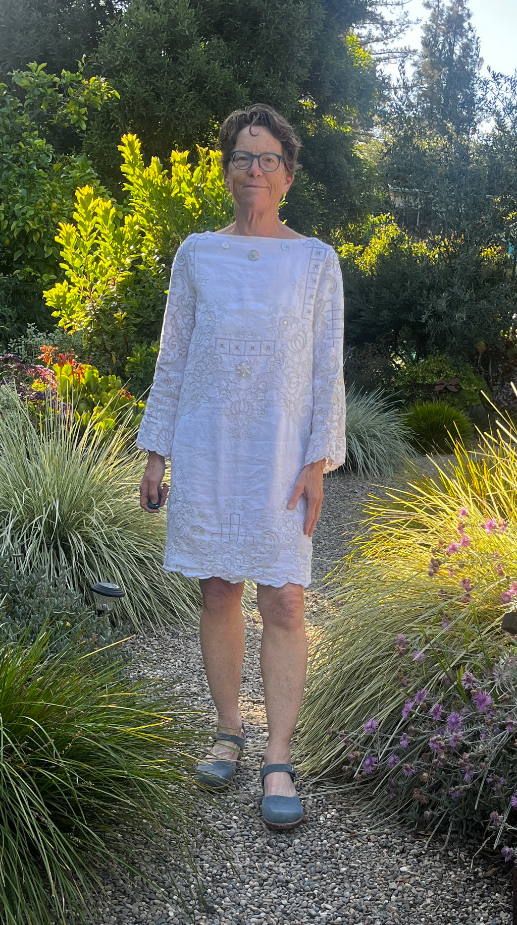 Handmade Embroidered Linen Dress — Long Sleeve, Mother-of-Pearl & Beads, Upcycled Vintage
