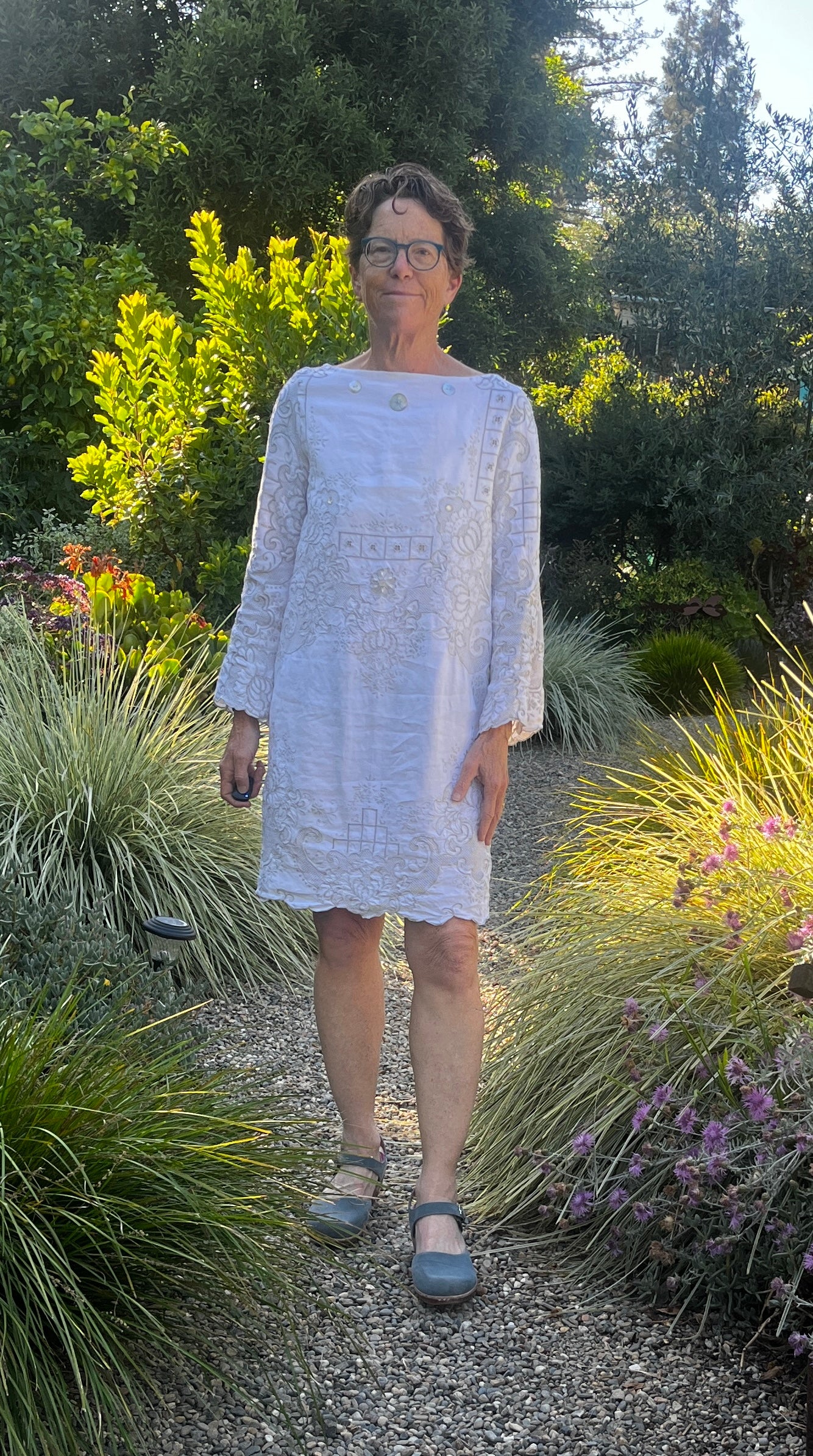 Handmade Embroidered Linen Dress — Long Sleeve, Mother-of-Pearl & Beads, Upcycled Vintage