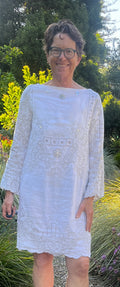 Handmade Embroidered Linen Dress — Long Sleeve, Mother-of-Pearl & Beads, Upcycled Vintage