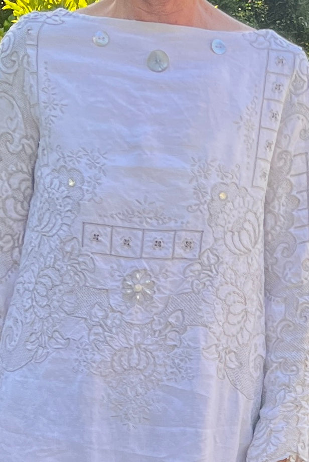 Handmade Embroidered Linen Dress — Long Sleeve, Mother-of-Pearl & Beads, Upcycled Vintage