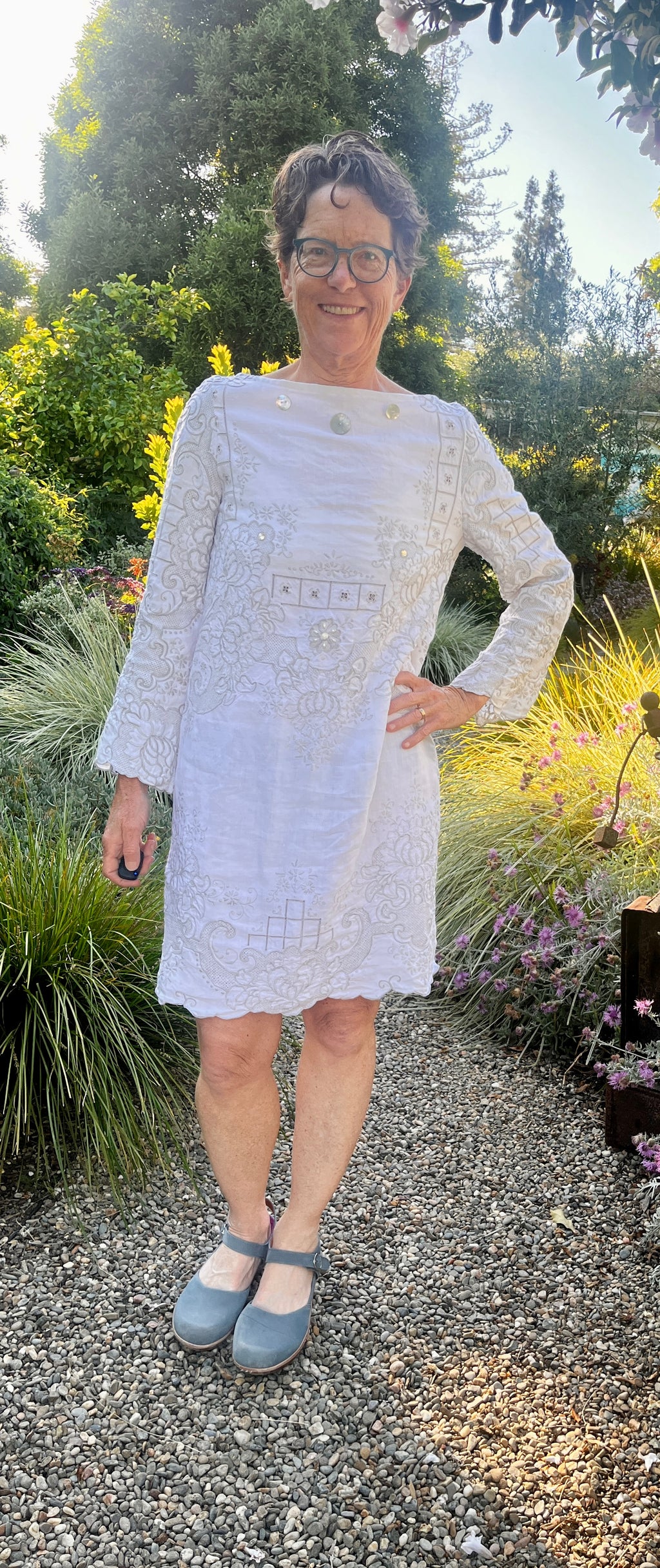 Handmade Embroidered Linen Dress — Long Sleeve, Mother-of-Pearl & Beads, Upcycled Vintage