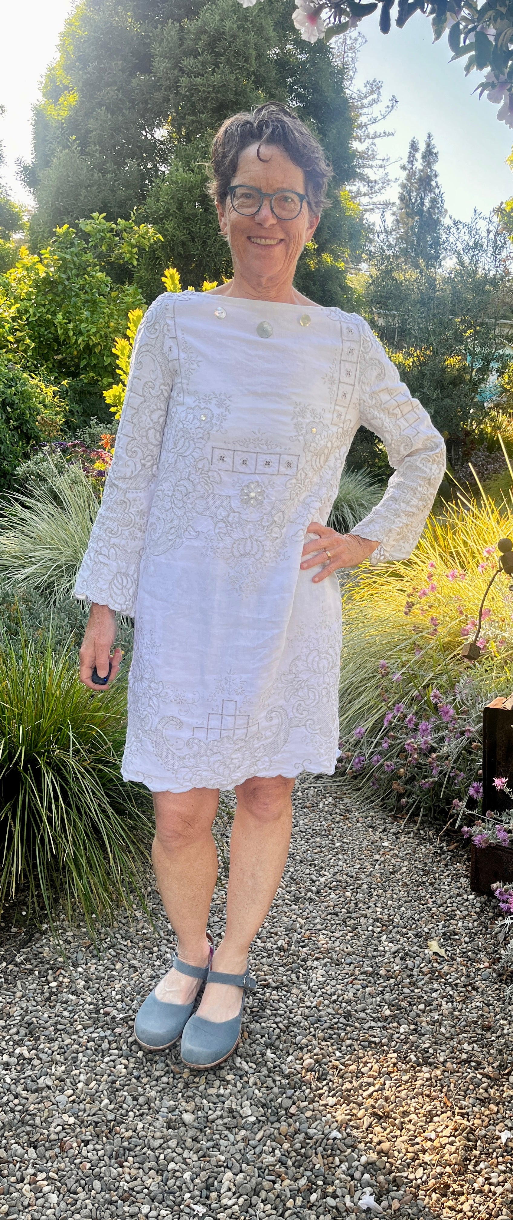 Handmade Embroidered Linen Dress — Long Sleeve, Mother-of-Pearl & Beads, Upcycled Vintage