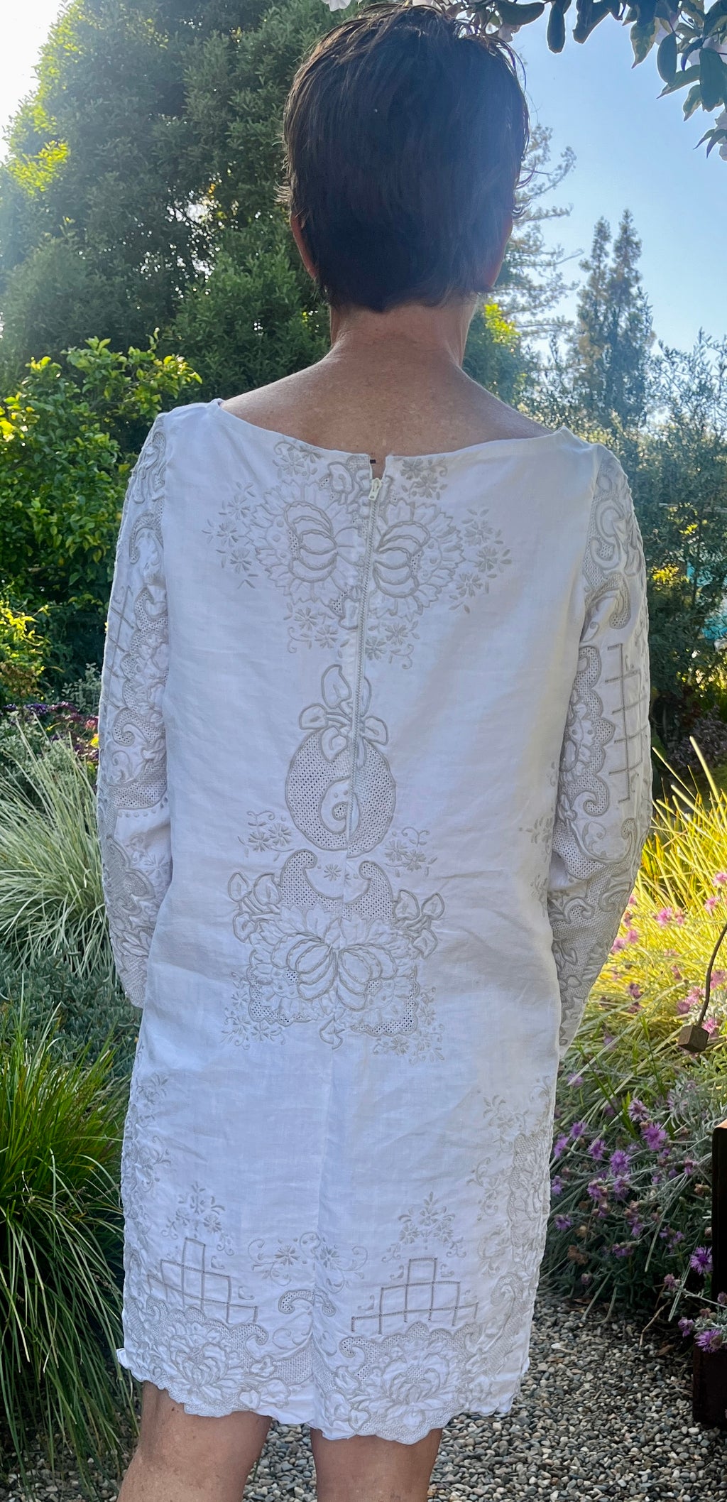 Handmade Embroidered Linen Dress — Long Sleeve, Mother-of-Pearl & Beads, Upcycled Vintage