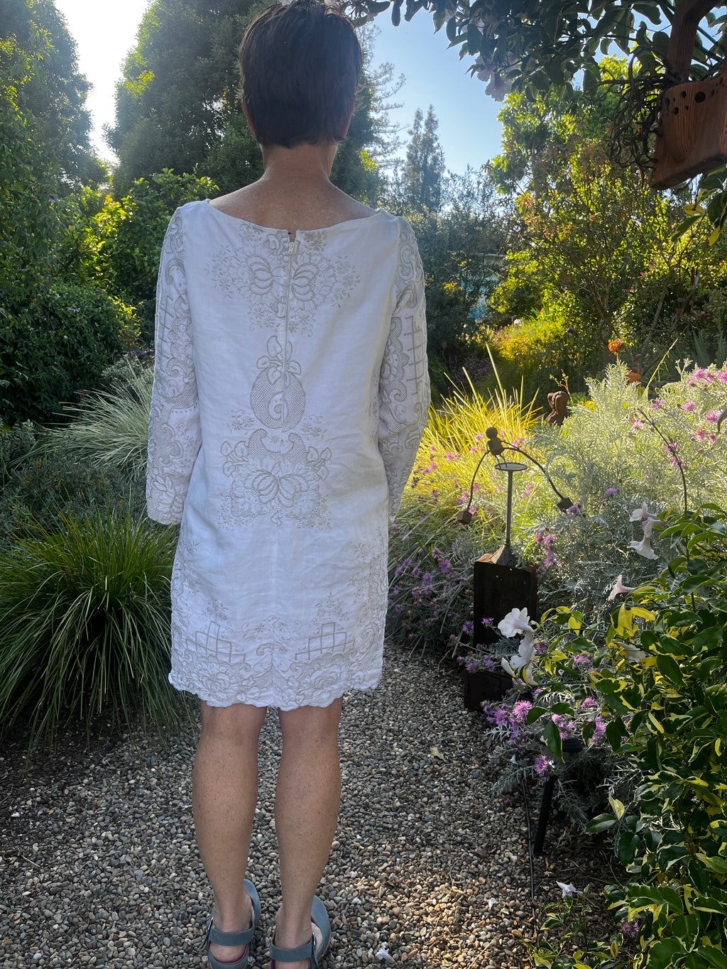 Handmade Embroidered Linen Dress — Long Sleeve, Mother-of-Pearl & Beads, Upcycled Vintage