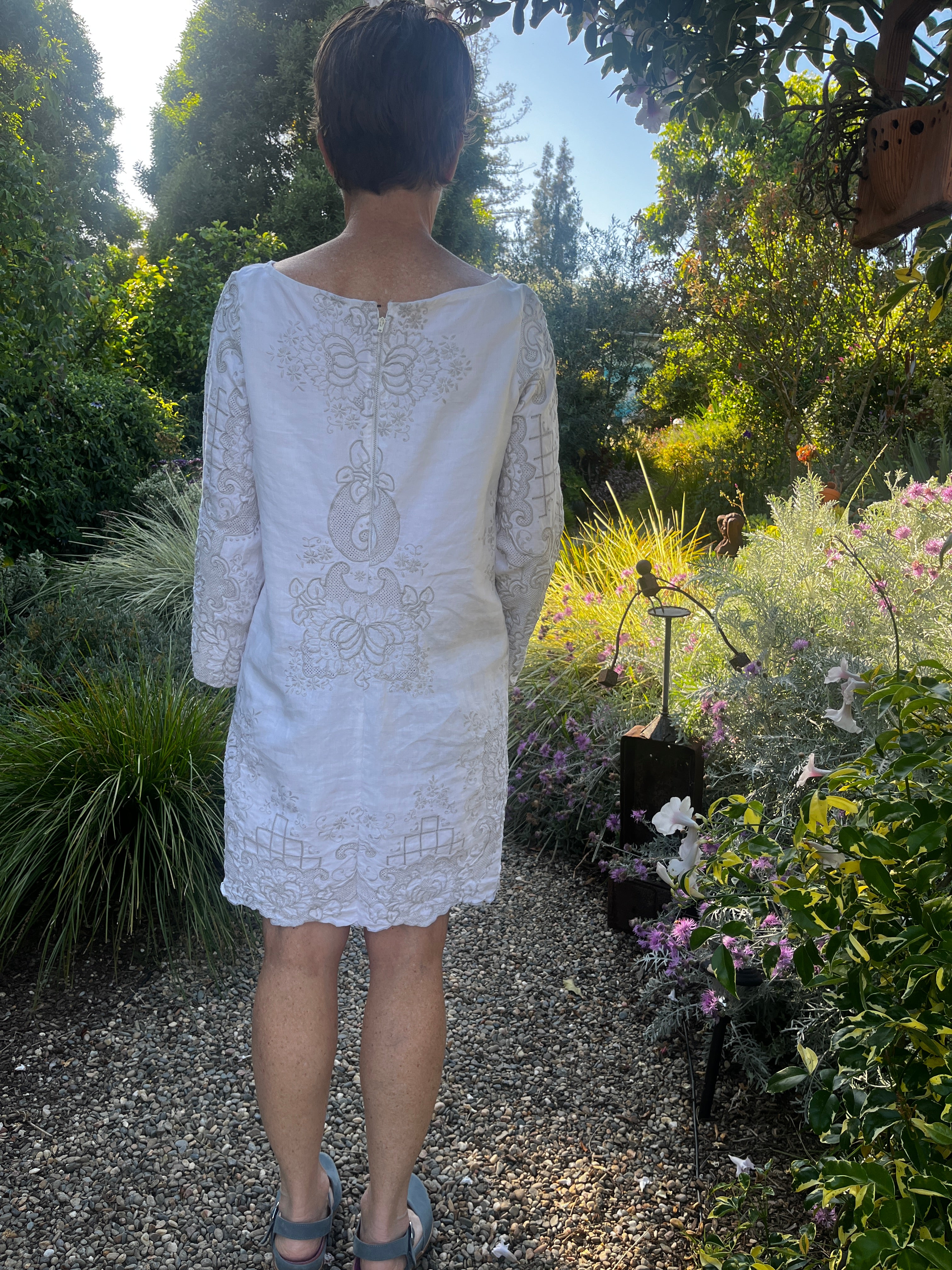 Handmade Embroidered Linen Dress — Long Sleeve, Mother-of-Pearl & Beads, Upcycled Vintage