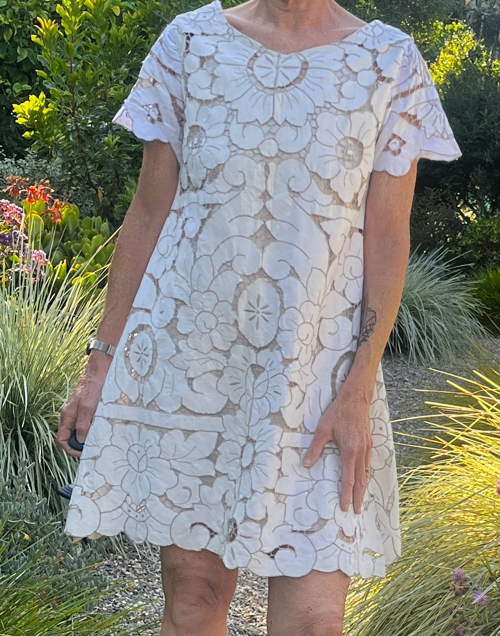 Handmade Short Sleeve Cutwork Embroidered Dress — Upcycled Vintage Cotton, Knee Length