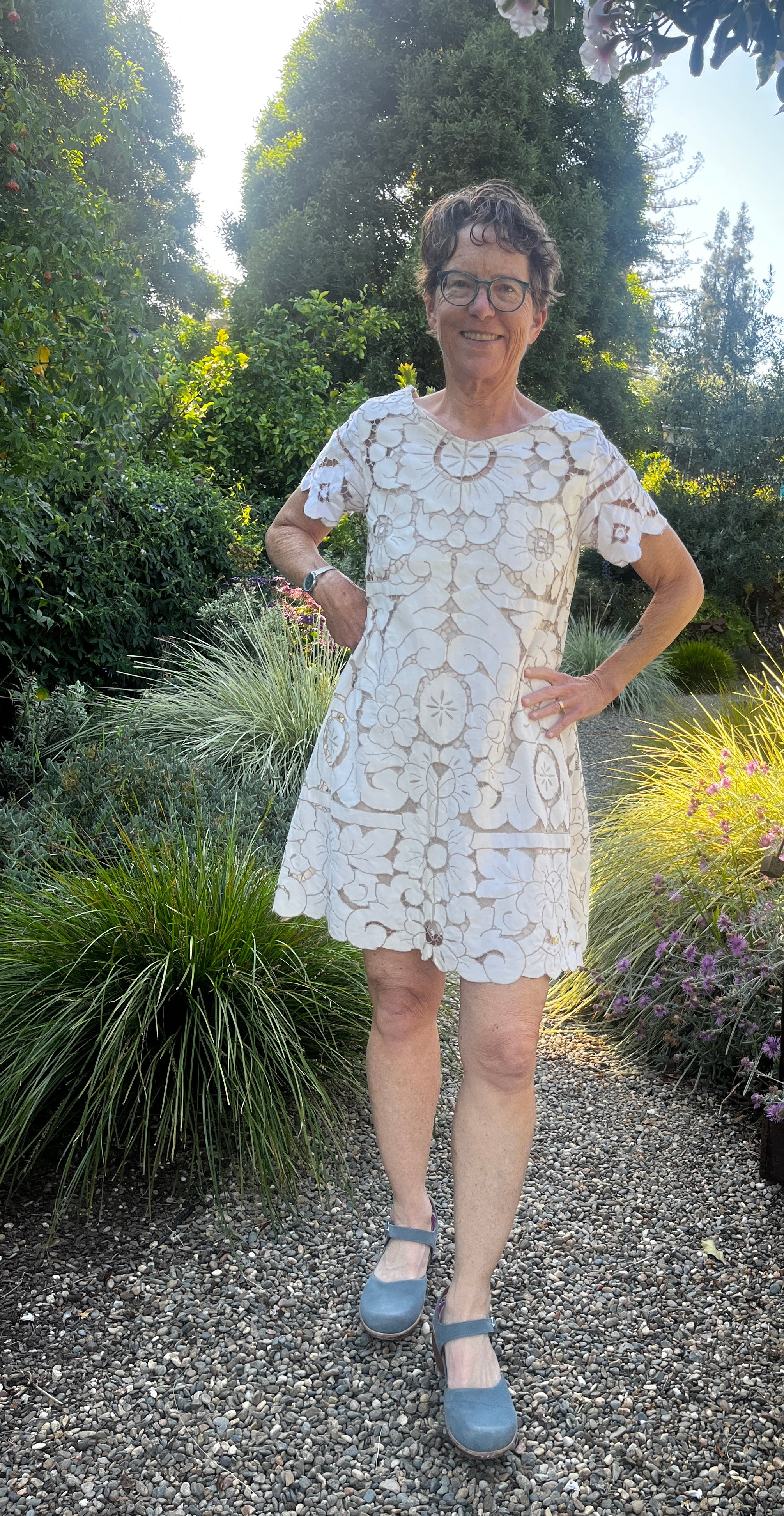 Handmade Short Sleeve Cutwork Embroidered Dress — Upcycled Vintage Cotton, Knee Length
