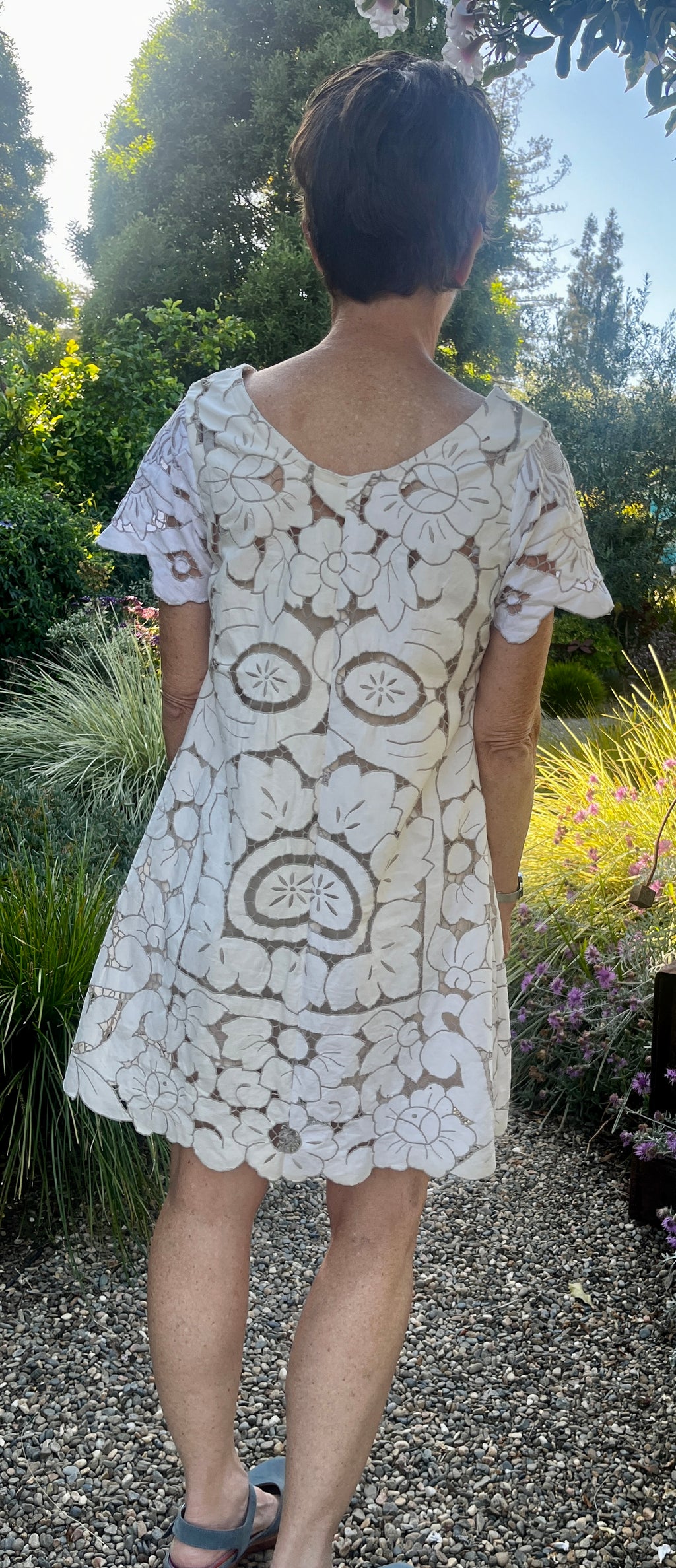 Handmade Short Sleeve Cutwork Embroidered Dress — Upcycled Vintage Cotton, Knee Length