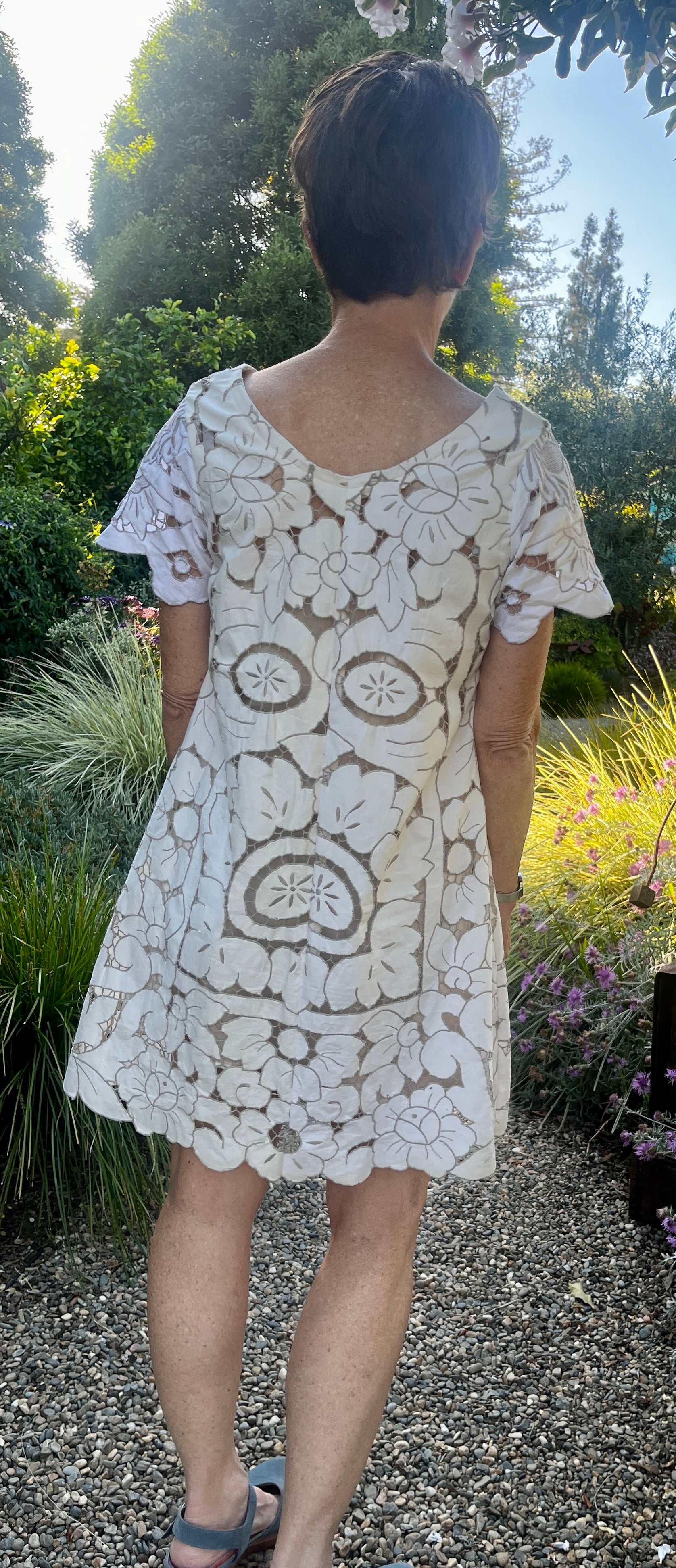 Handmade Short Sleeve Cutwork Embroidered Dress — Upcycled Vintage Cotton, Knee Length