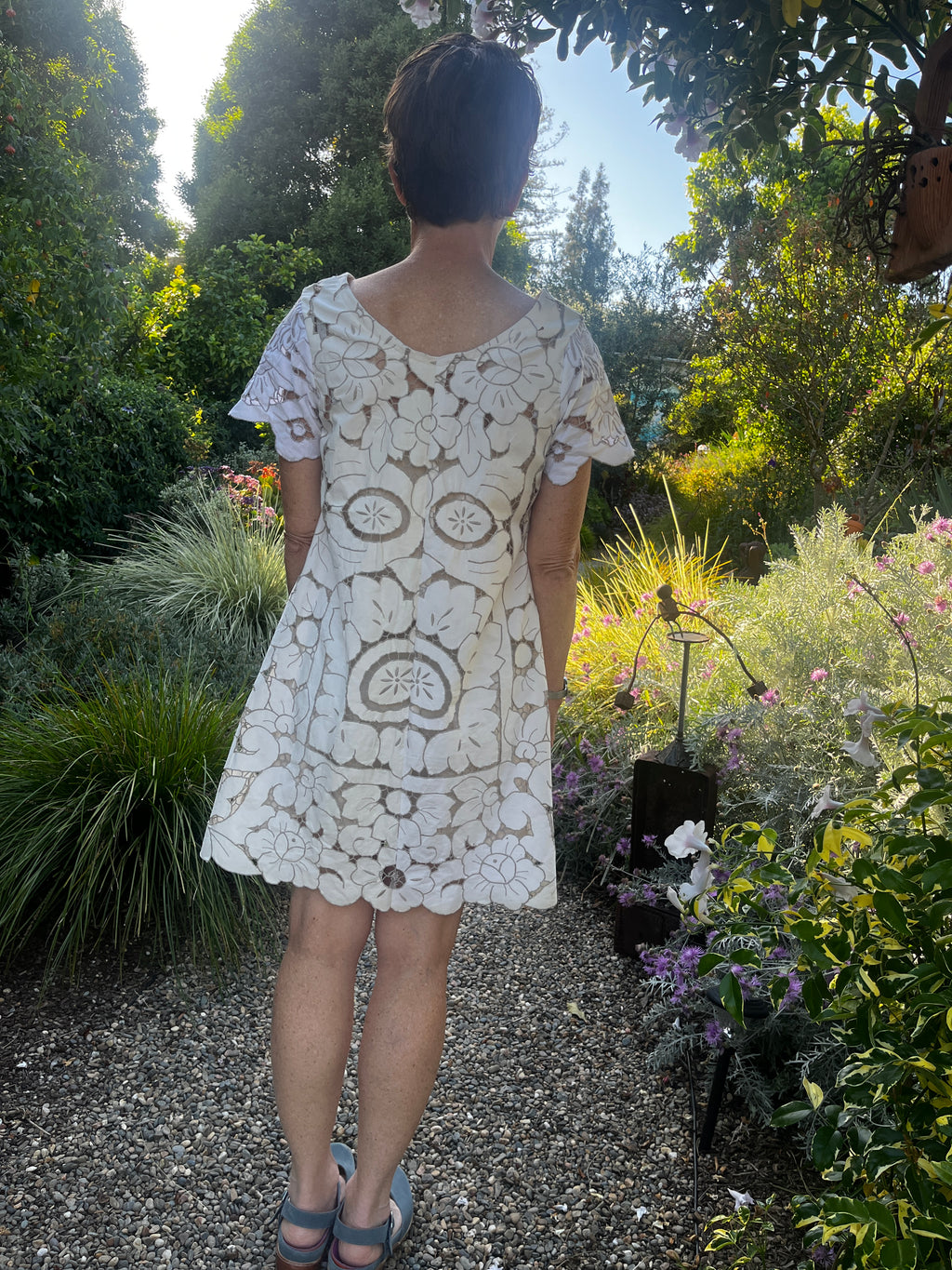 Handmade Short Sleeve Cutwork Embroidered Dress — Upcycled Vintage Cotton, Knee Length