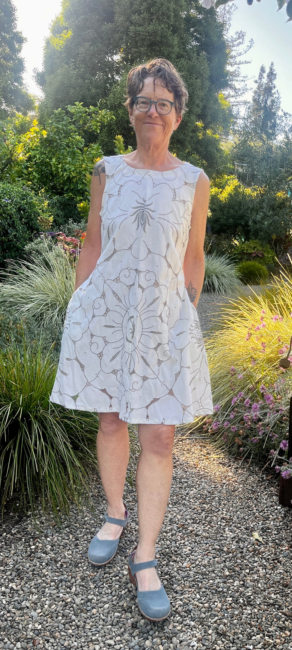 Handmade Sleeveless Cotton Dress — Cutwork & Embroidery, Button Back, Pockets & Ties