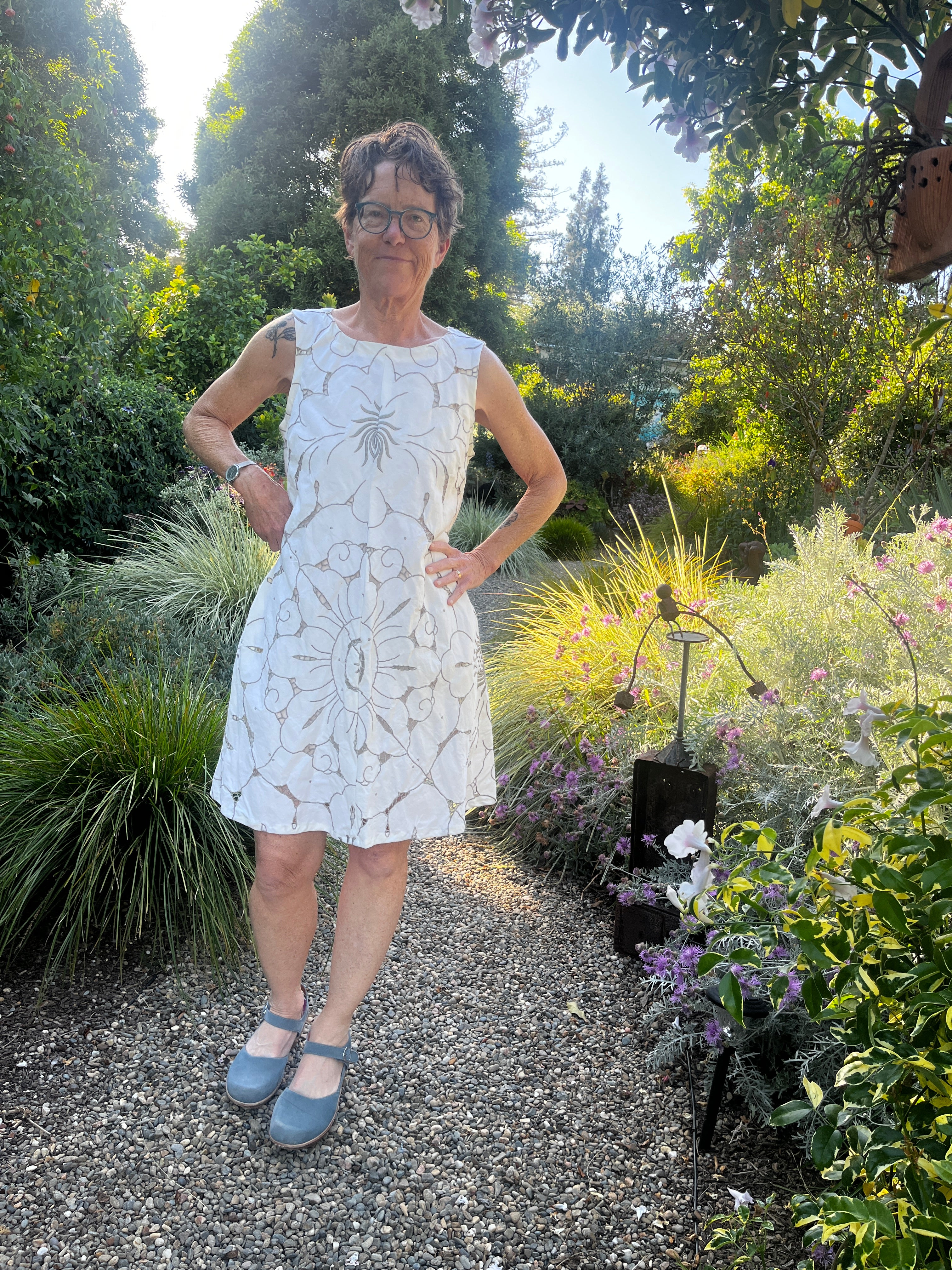 Handmade Sleeveless Cotton Dress — Cutwork & Embroidery, Button Back, Pockets & Ties