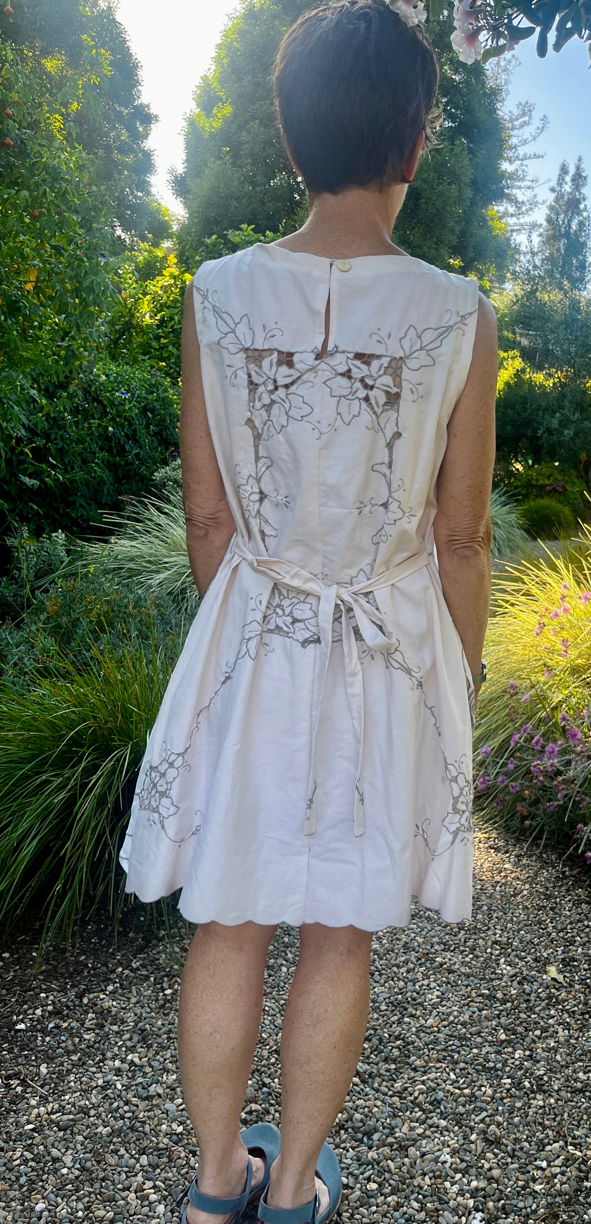 Handmade Sleeveless Cotton Dress — Cutwork & Embroidery, Button Back, Pockets & Ties