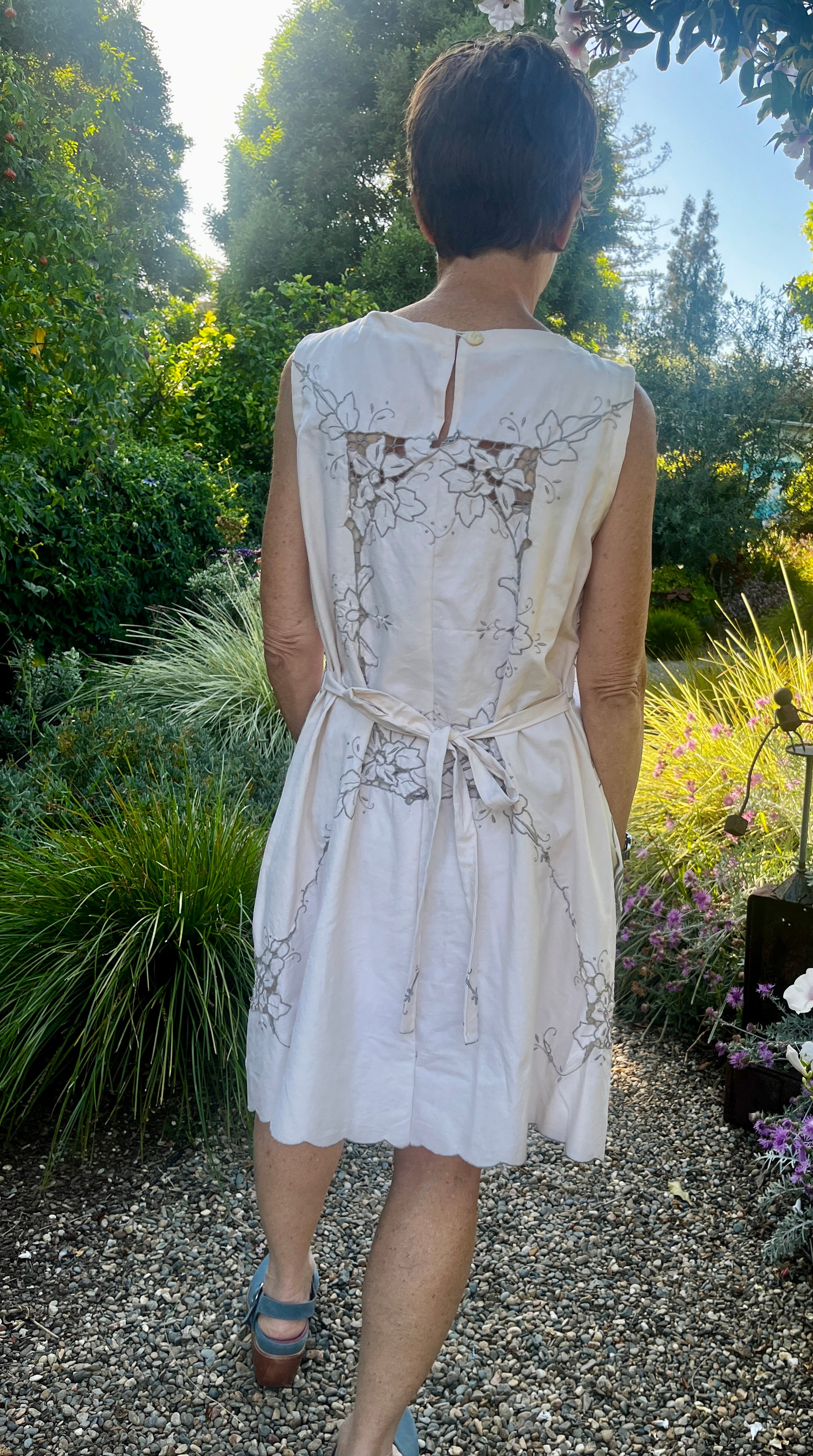 Handmade Sleeveless Cotton Dress — Cutwork & Embroidery, Button Back, Pockets & Ties