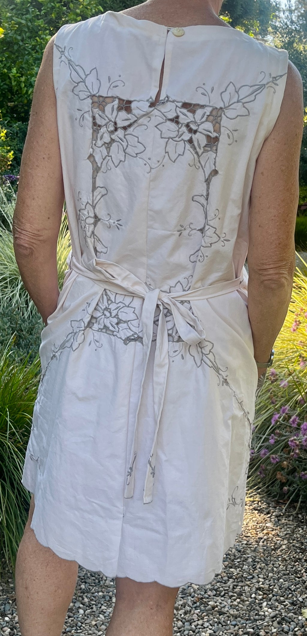 Handmade Sleeveless Cotton Dress — Cutwork & Embroidery, Button Back, Pockets & Ties