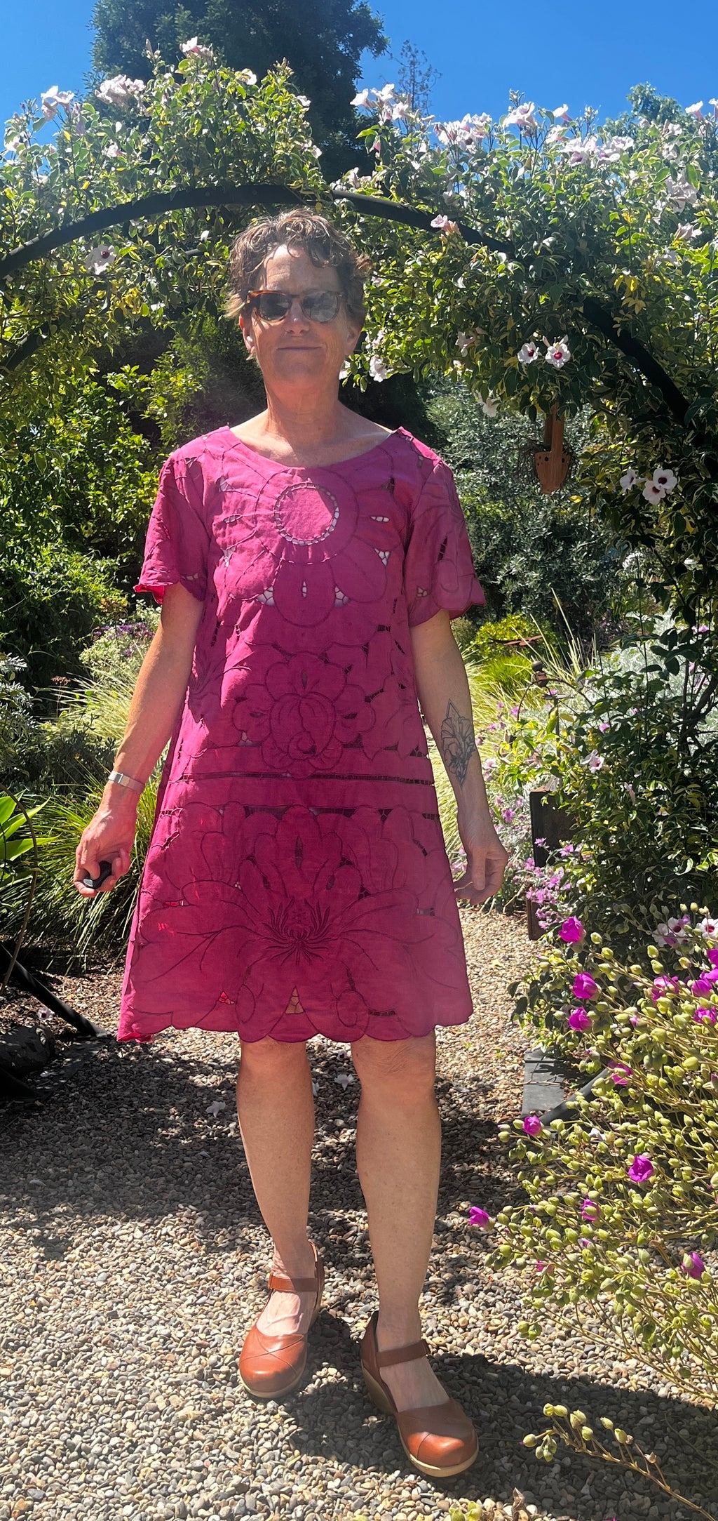 Handmade Fuchsia A-Line Dress — Lotus Cutwork & Embroidery, Upcycled Tablecloth