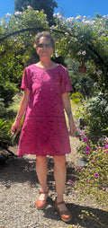 Handmade Fuchsia A-Line Dress — Lotus Cutwork & Embroidery, Upcycled Tablecloth