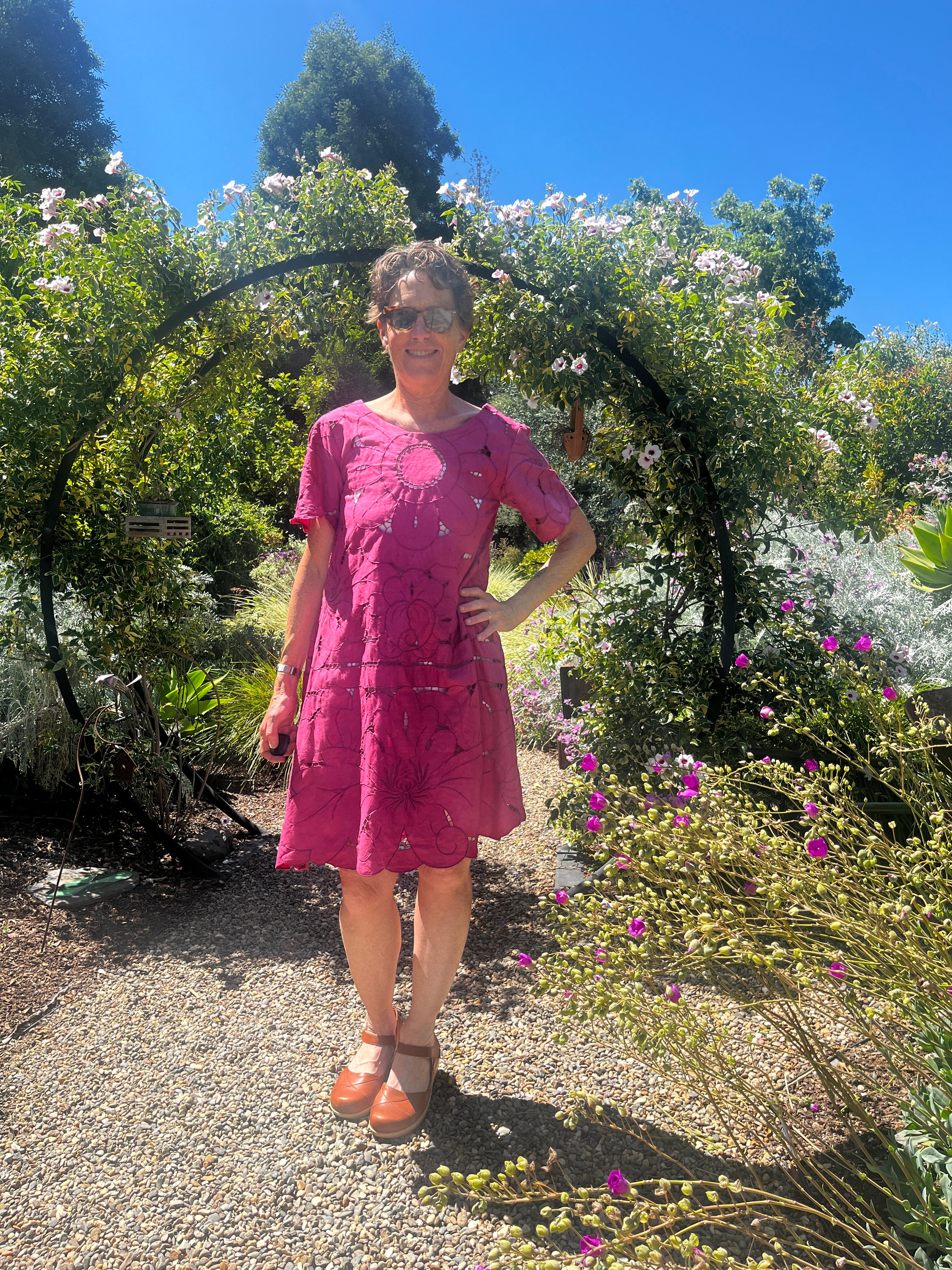 Handmade Fuchsia A-Line Dress — Lotus Cutwork & Embroidery, Upcycled Tablecloth
