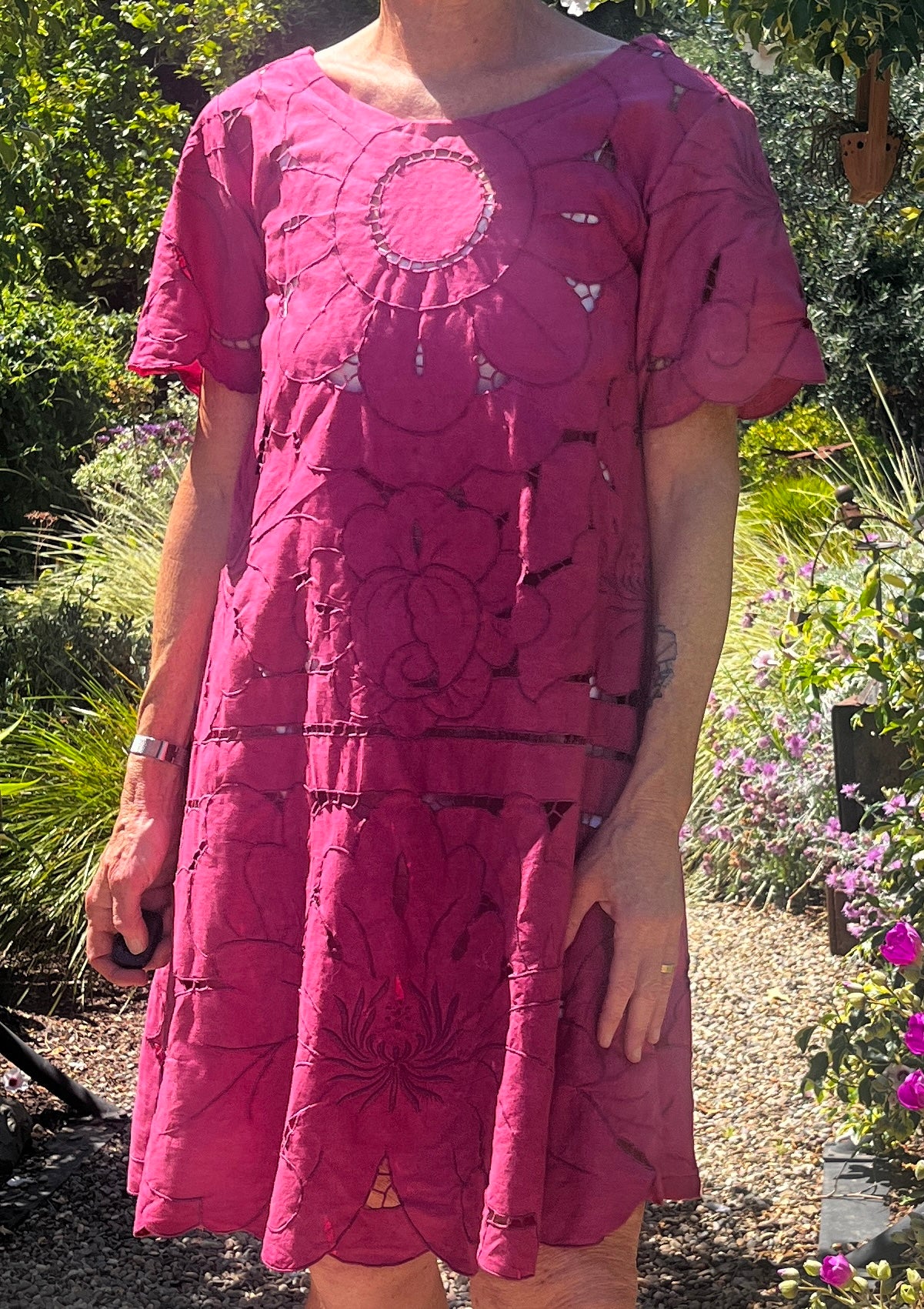 Handmade Fuchsia A-Line Dress — Lotus Cutwork & Embroidery, Upcycled Tablecloth