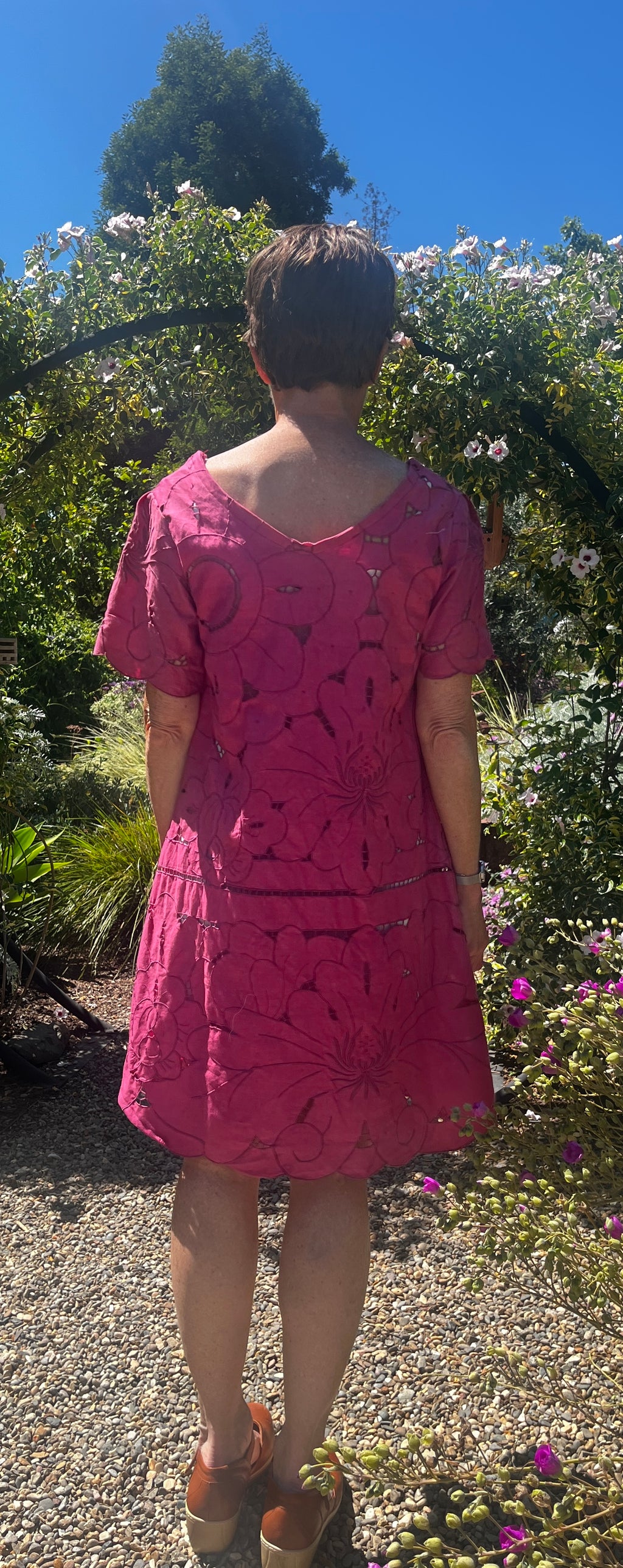 Handmade Fuchsia A-Line Dress — Lotus Cutwork & Embroidery, Upcycled Tablecloth