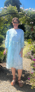 Handmade Turquoise Lace Dress — Bracelet Sleeves, Gathered Waist, Upcycled Vintage Cotton