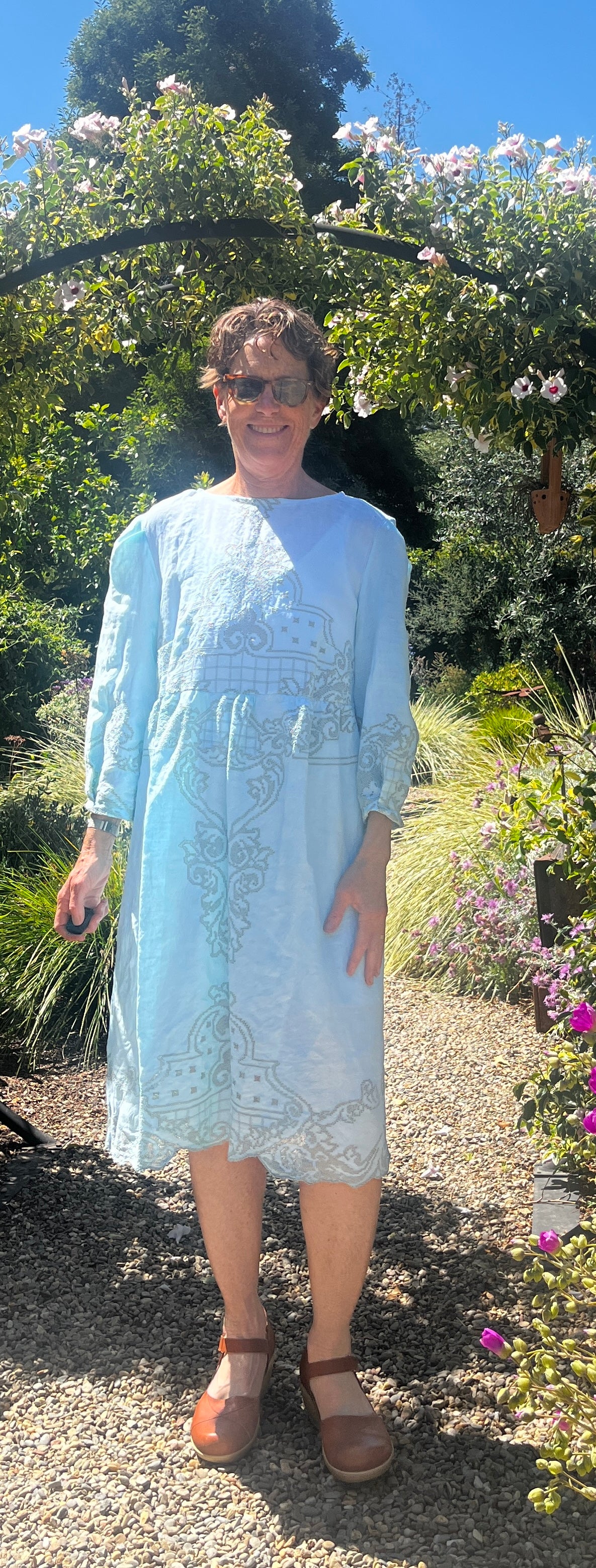 Handmade Turquoise Lace Dress — Bracelet Sleeves, Gathered Waist, Upcycled Vintage Cotton