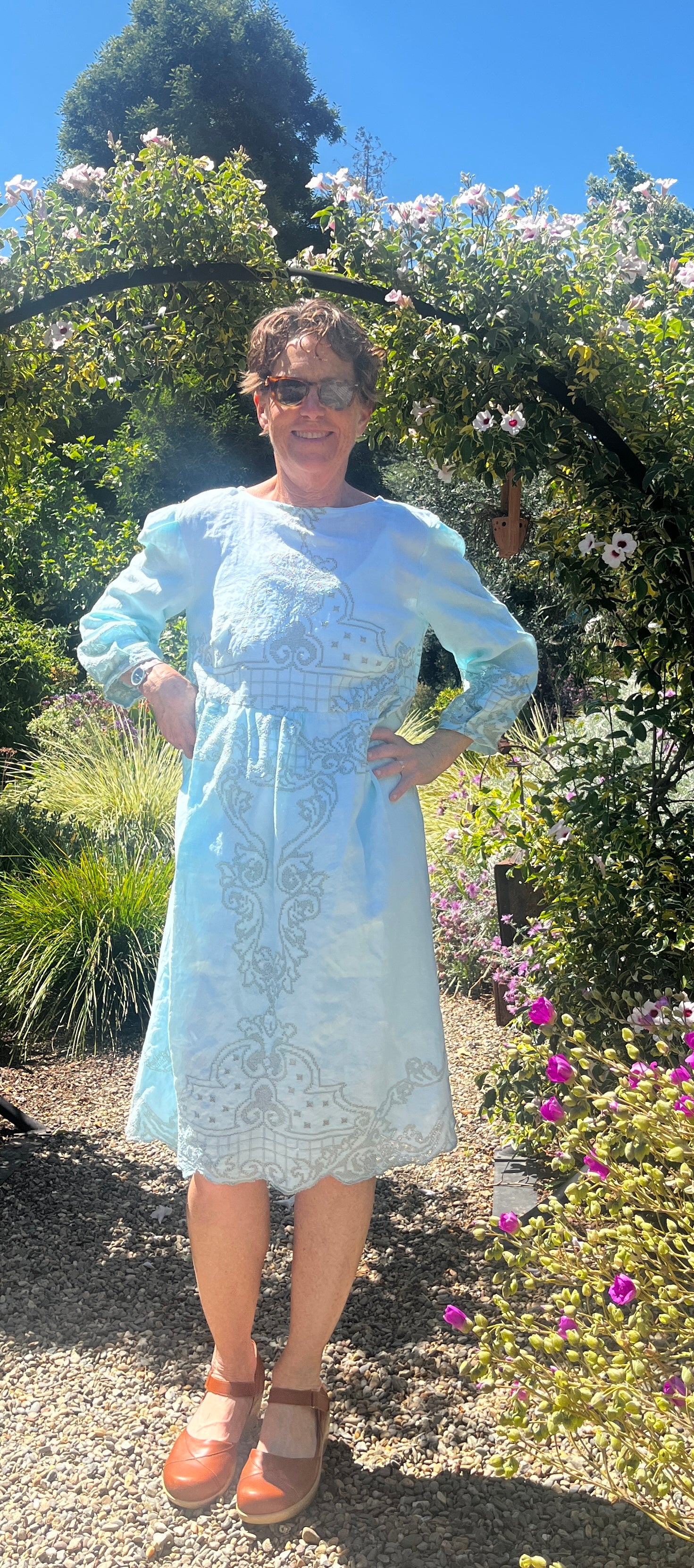 Handmade Turquoise Lace Dress — Bracelet Sleeves, Gathered Waist, Upcycled Vintage Cotton