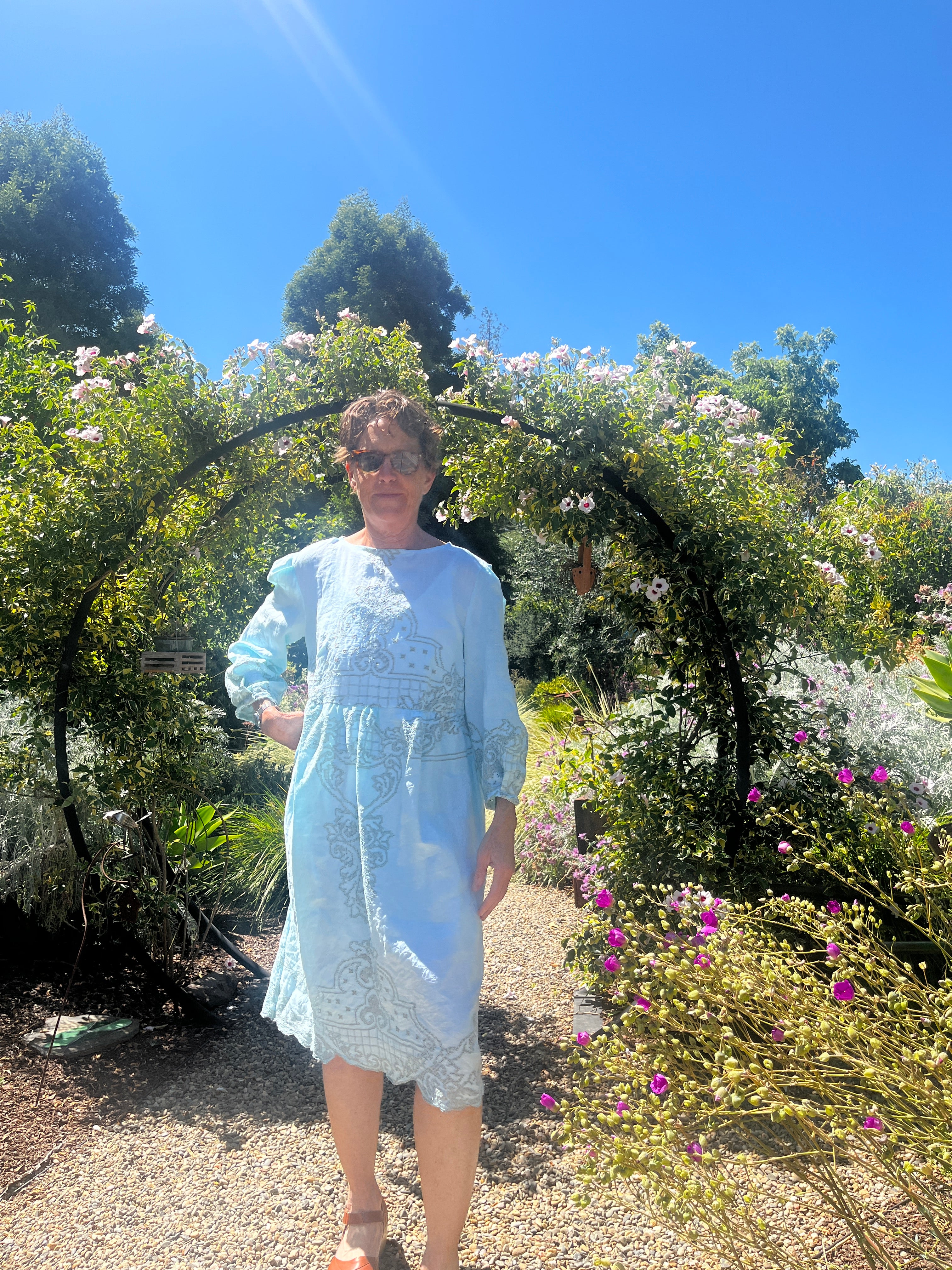 Handmade Turquoise Lace Dress — Bracelet Sleeves, Gathered Waist, Upcycled Vintage Cotton
