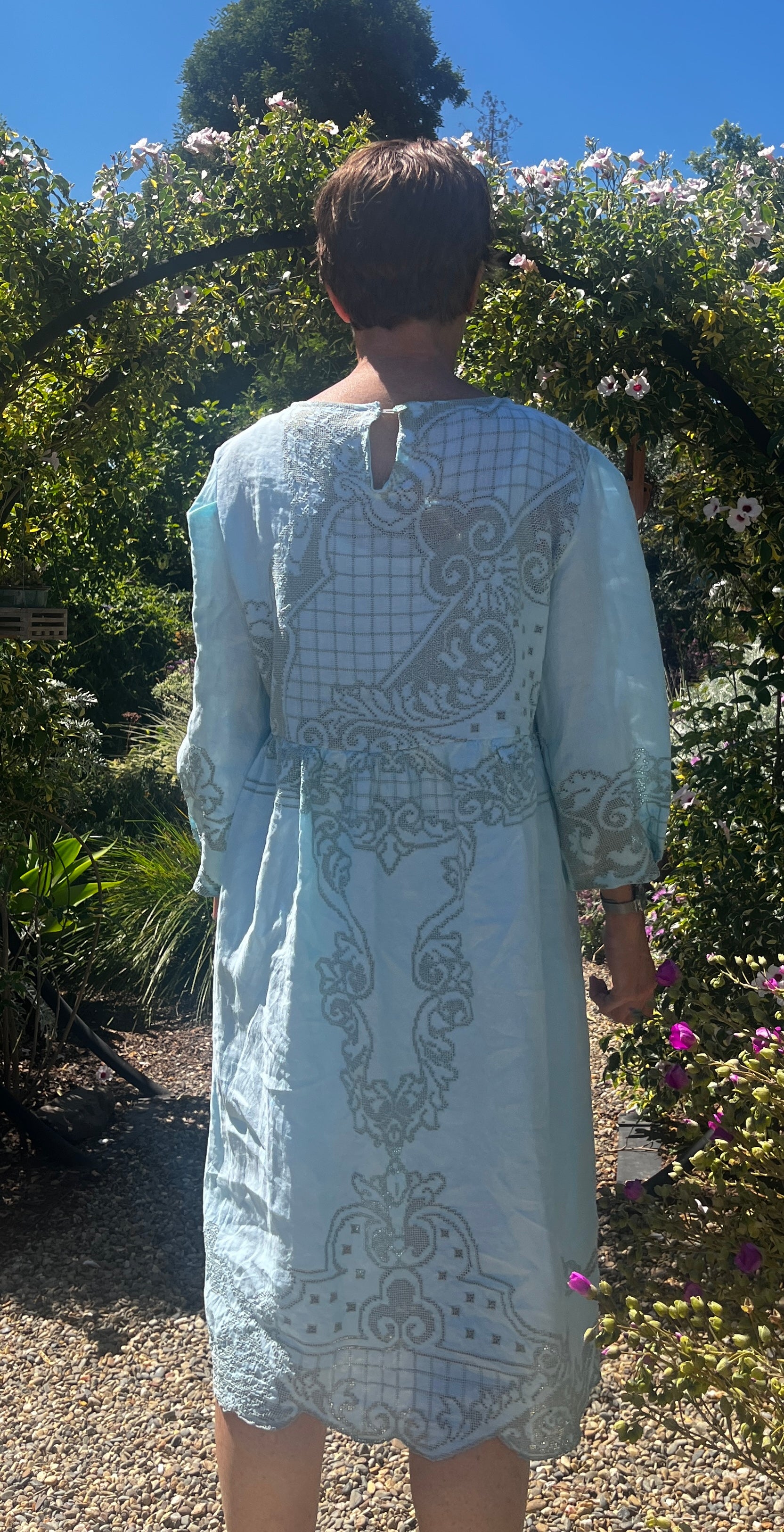 Handmade Turquoise Lace Dress — Bracelet Sleeves, Gathered Waist, Upcycled Vintage Cotton