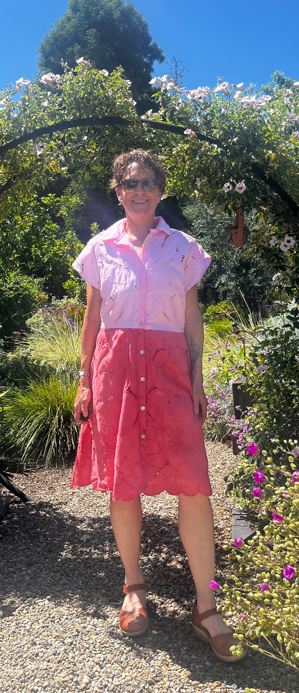Handmade Two-Tone Pink Dress — Cutwork & Embroidery, Petal Sleeves, Button Down