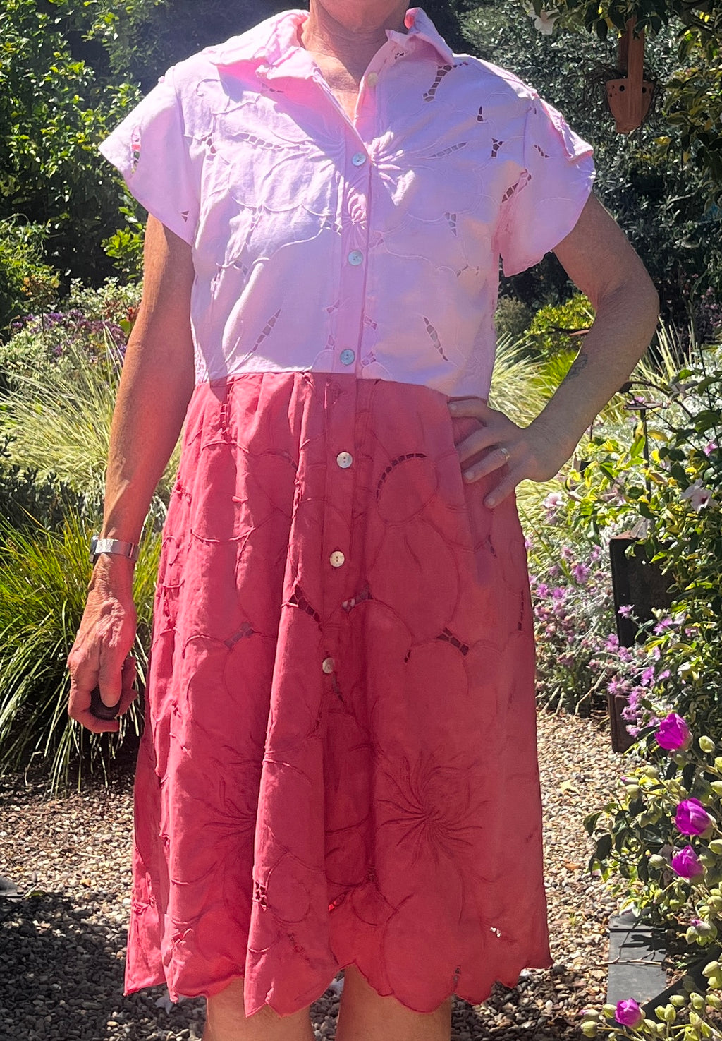 Handmade Two-Tone Pink Dress — Cutwork & Embroidery, Petal Sleeves, Button Down