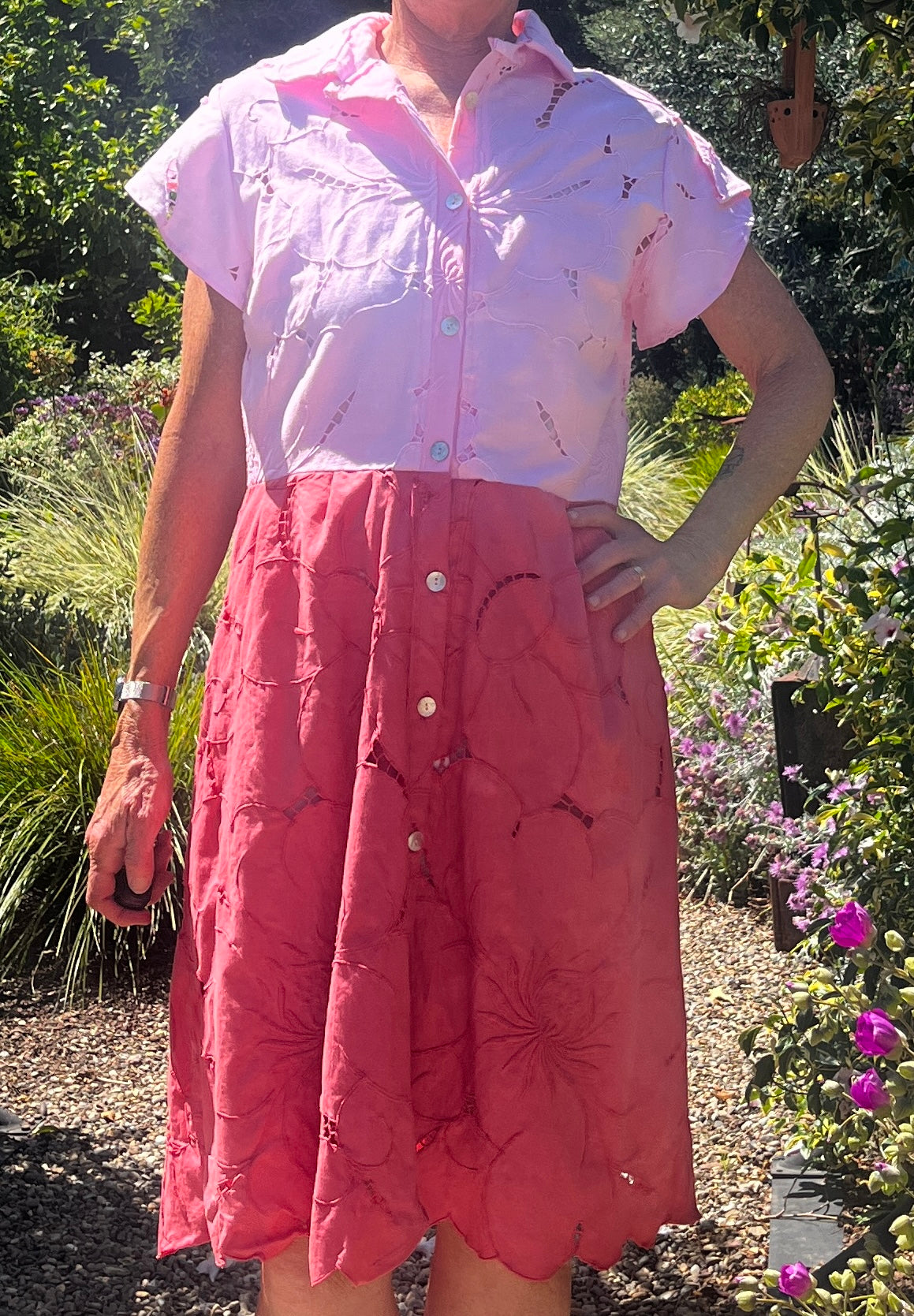 Handmade Two-Tone Pink Dress — Cutwork & Embroidery, Petal Sleeves, Button Down