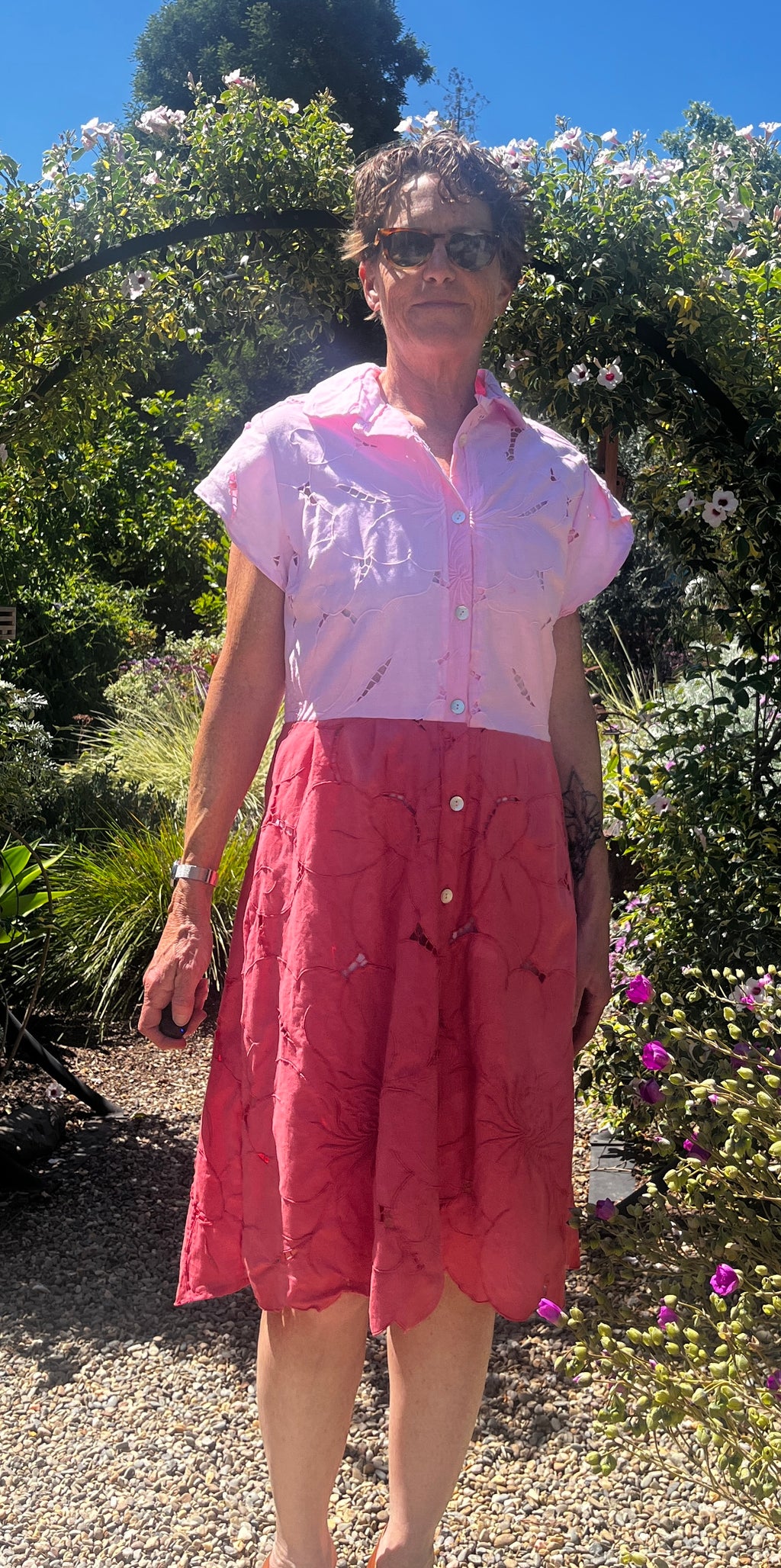 Handmade Two-Tone Pink Dress — Cutwork & Embroidery, Petal Sleeves, Button Down