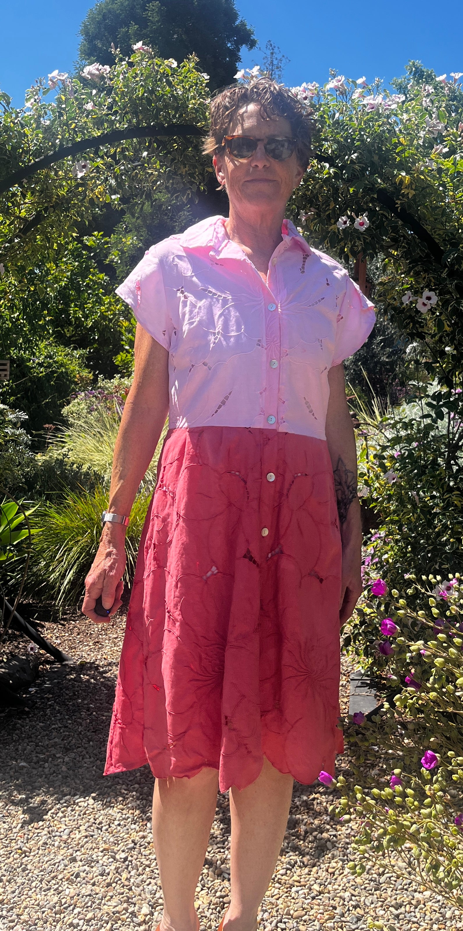 Handmade Two-Tone Pink Dress — Cutwork & Embroidery, Petal Sleeves, Button Down