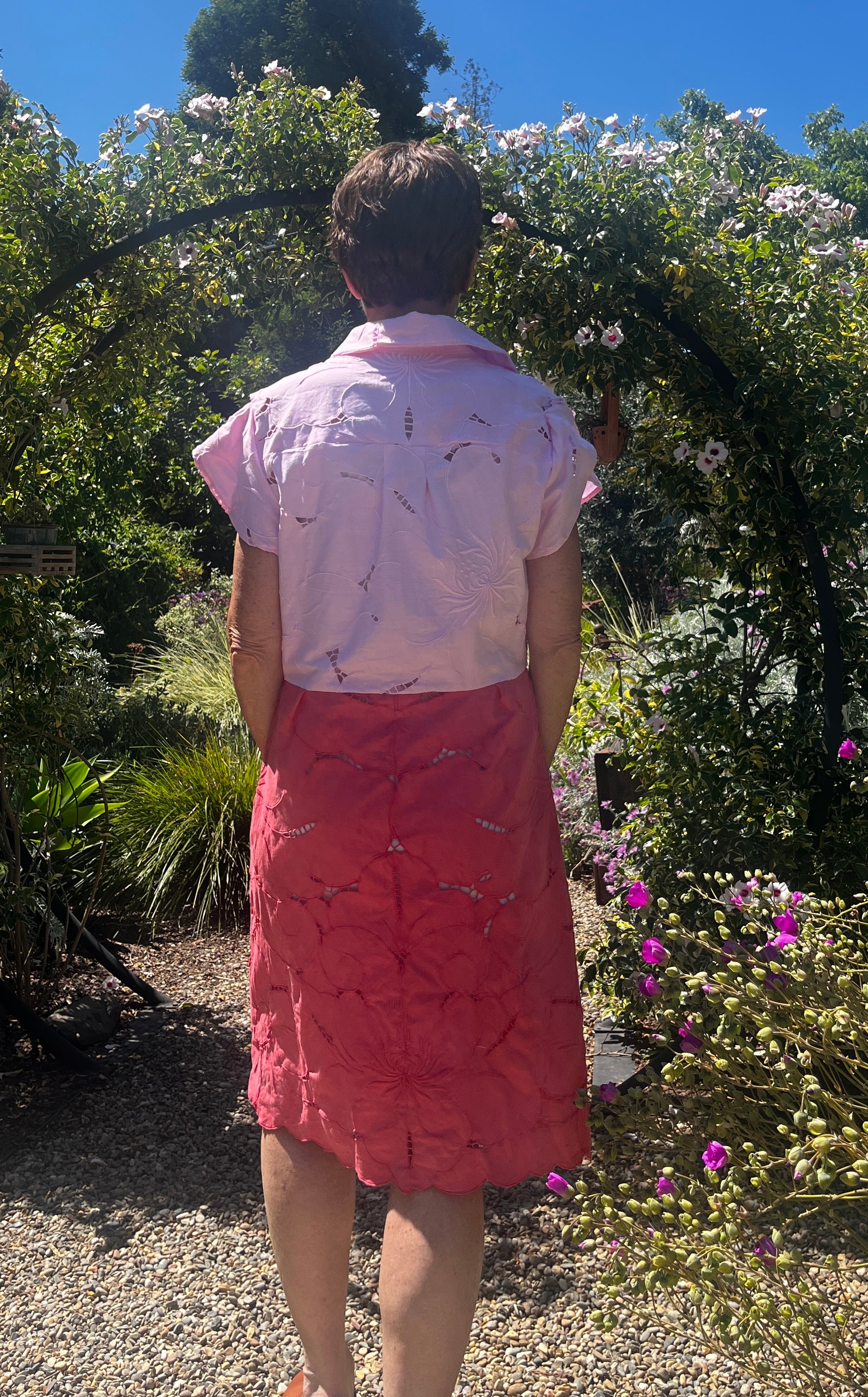 Handmade Two-Tone Pink Dress — Cutwork & Embroidery, Petal Sleeves, Button Down