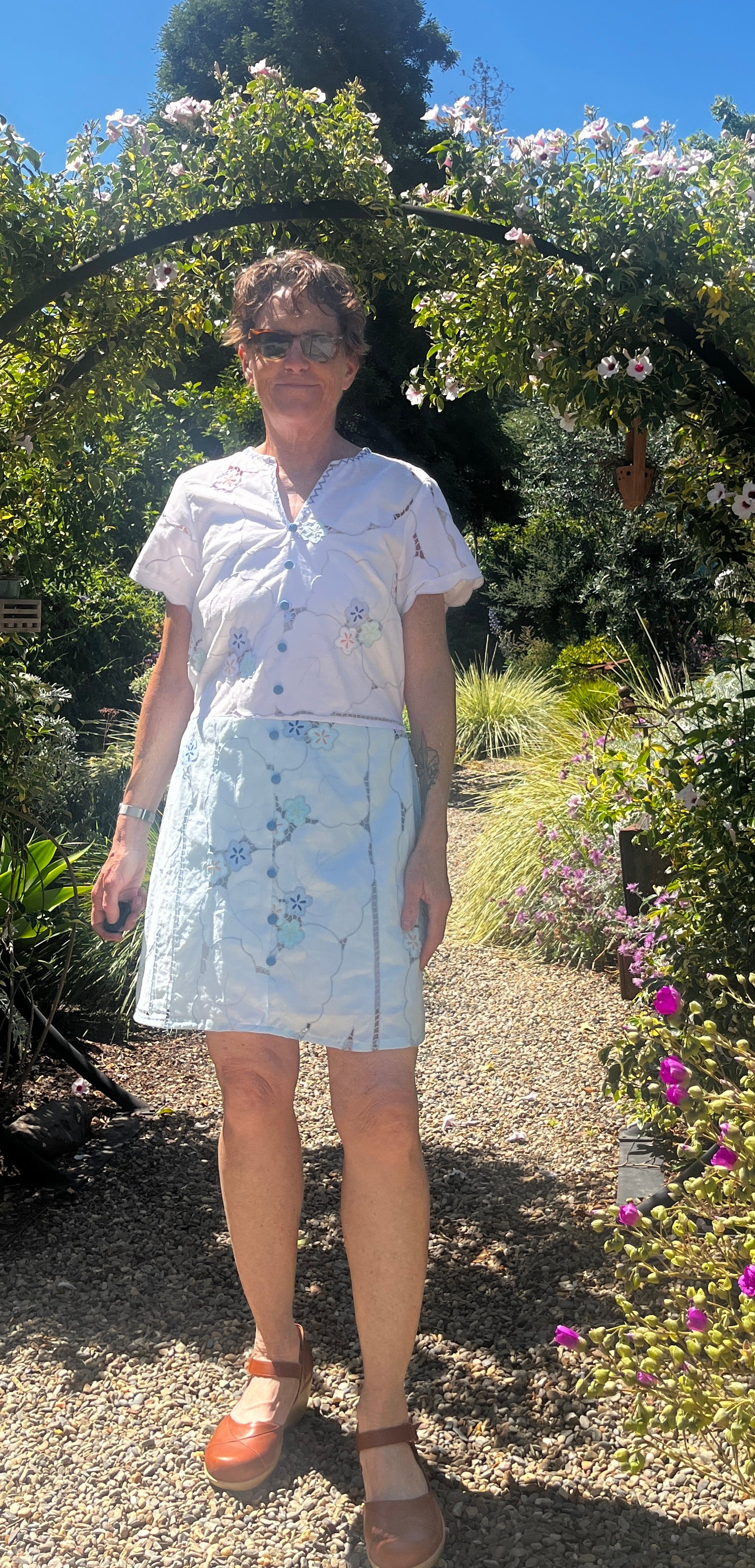Two tone short sleeve dress with cutwork and applique flowers