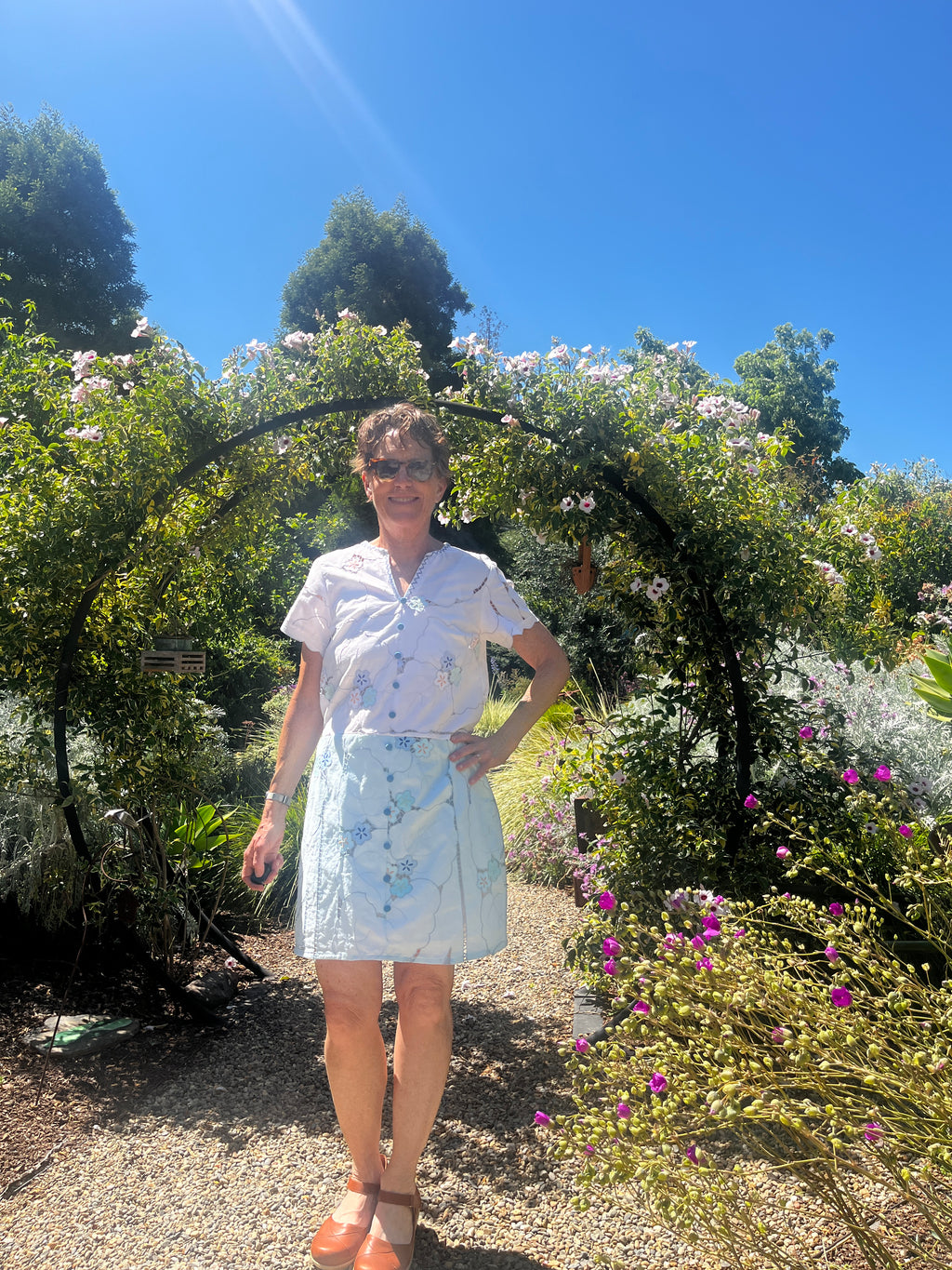Two tone short sleeve dress with cutwork and applique flowers