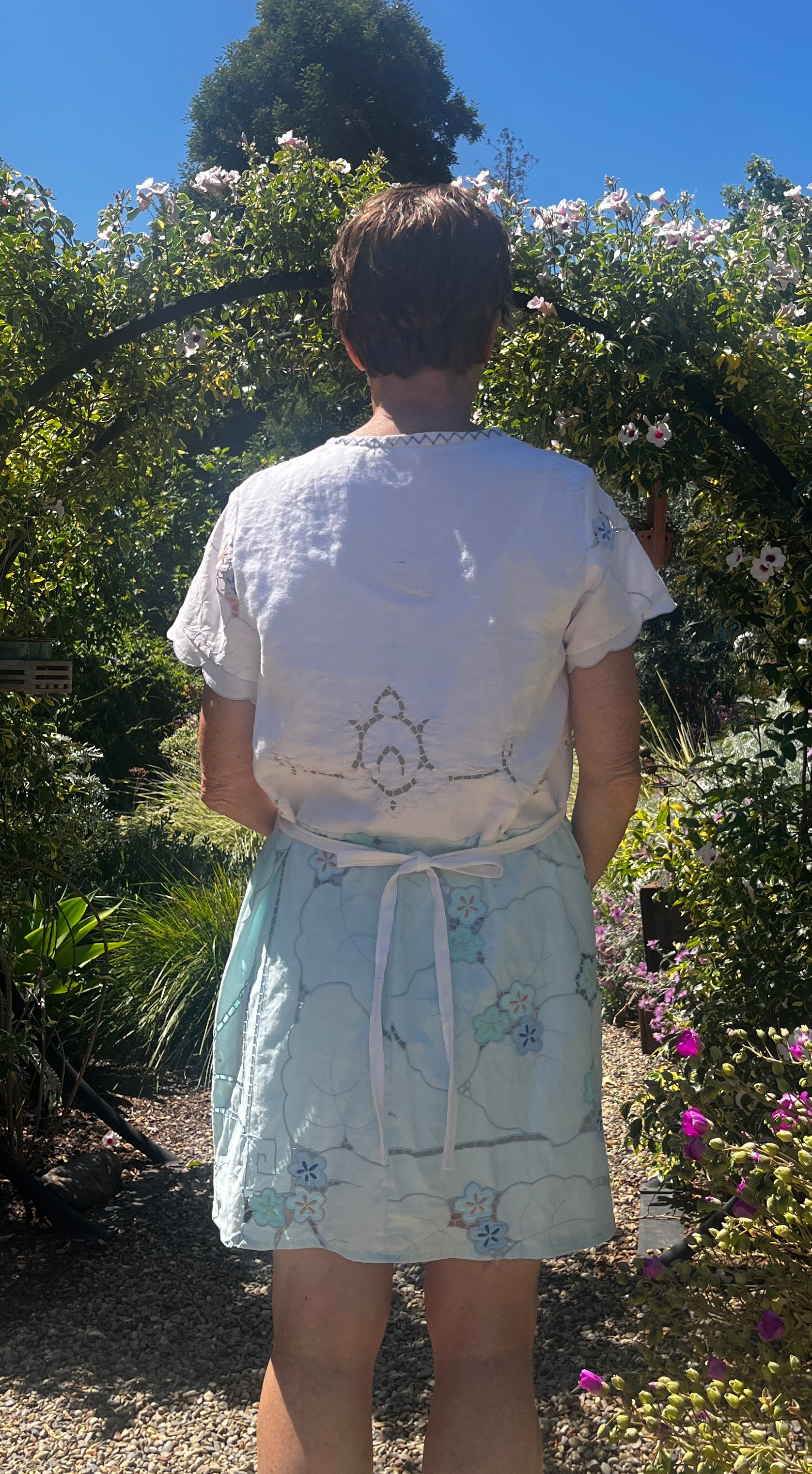 Two tone short sleeve dress with cutwork and applique flowers