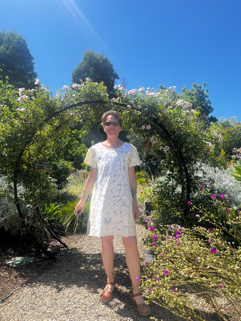 Handmade Short Sleeve A-Line Dress — Lotus Cutwork & Embroidery, Linen and Cotton