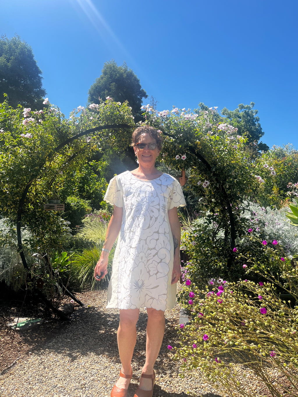 Handmade Short Sleeve A-Line Dress — Lotus Cutwork & Embroidery, Linen and Cotton