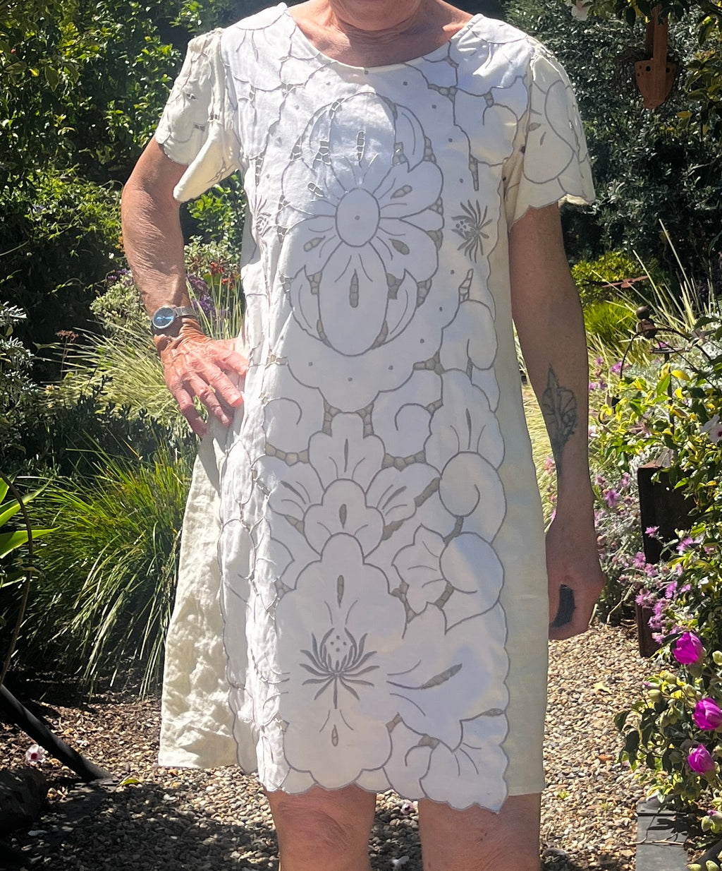 Handmade Short Sleeve A-Line Dress — Lotus Cutwork & Embroidery, Linen and Cotton