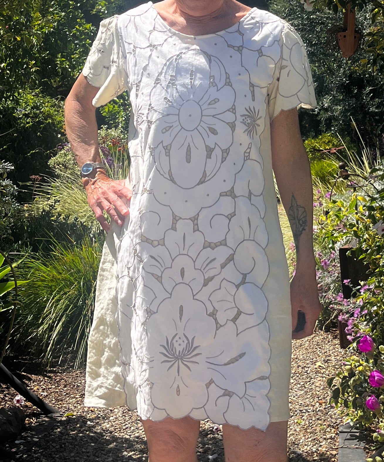 Handmade Short Sleeve A-Line Dress — Lotus Cutwork & Embroidery, Linen and Cotton