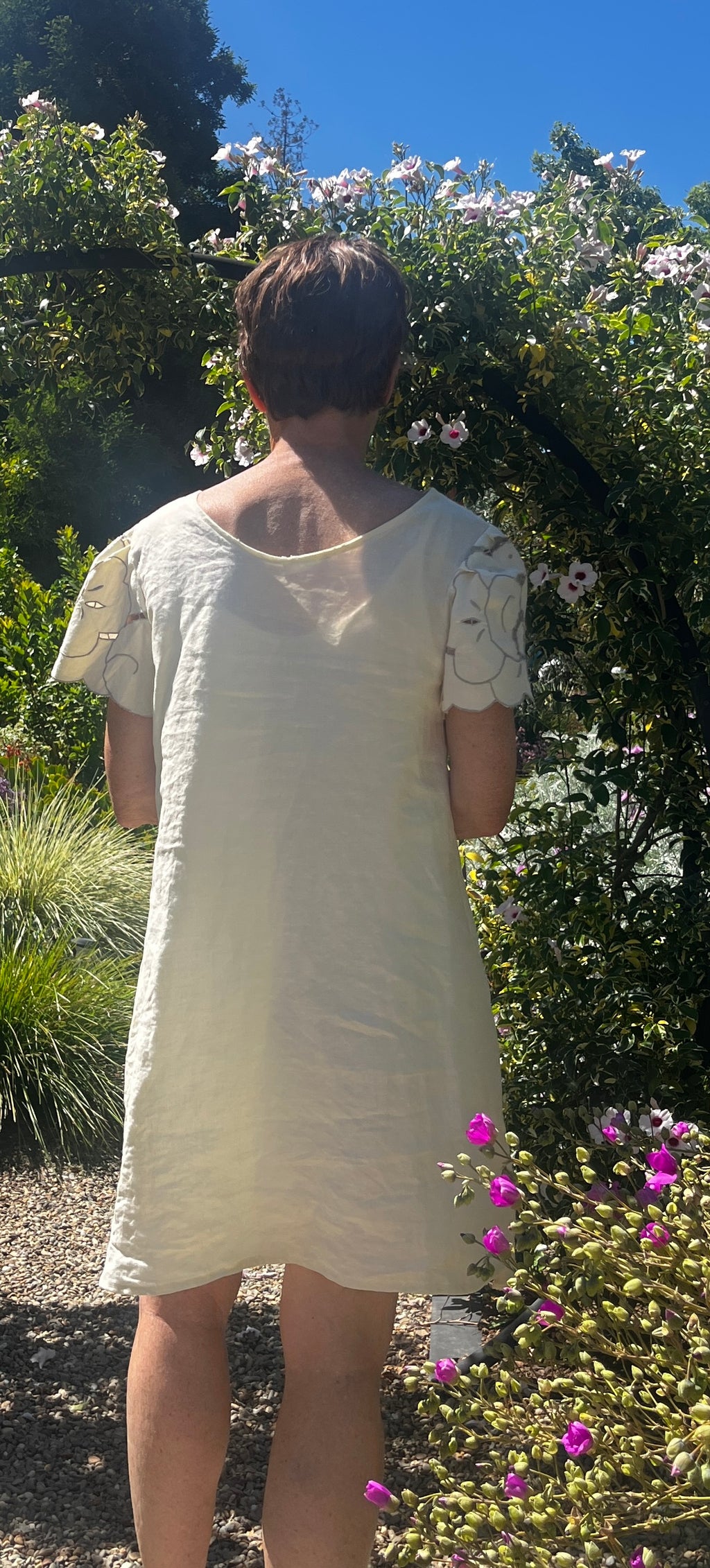Handmade Short Sleeve A-Line Dress — Lotus Cutwork & Embroidery, Linen and Cotton