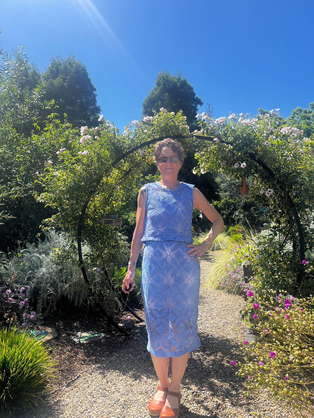 Handmade Blue Crochet Two-Piece Set — Crop Top, Midi Skirt & Matching Belt, Upcycled Cotton