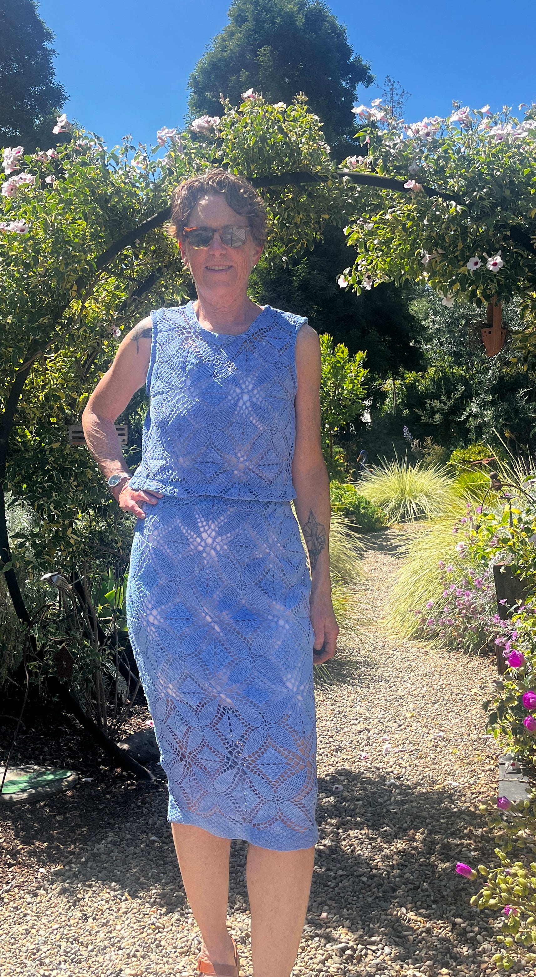 Handmade Blue Crochet Two-Piece Set — Crop Top, Midi Skirt & Matching Belt, Upcycled Cotton