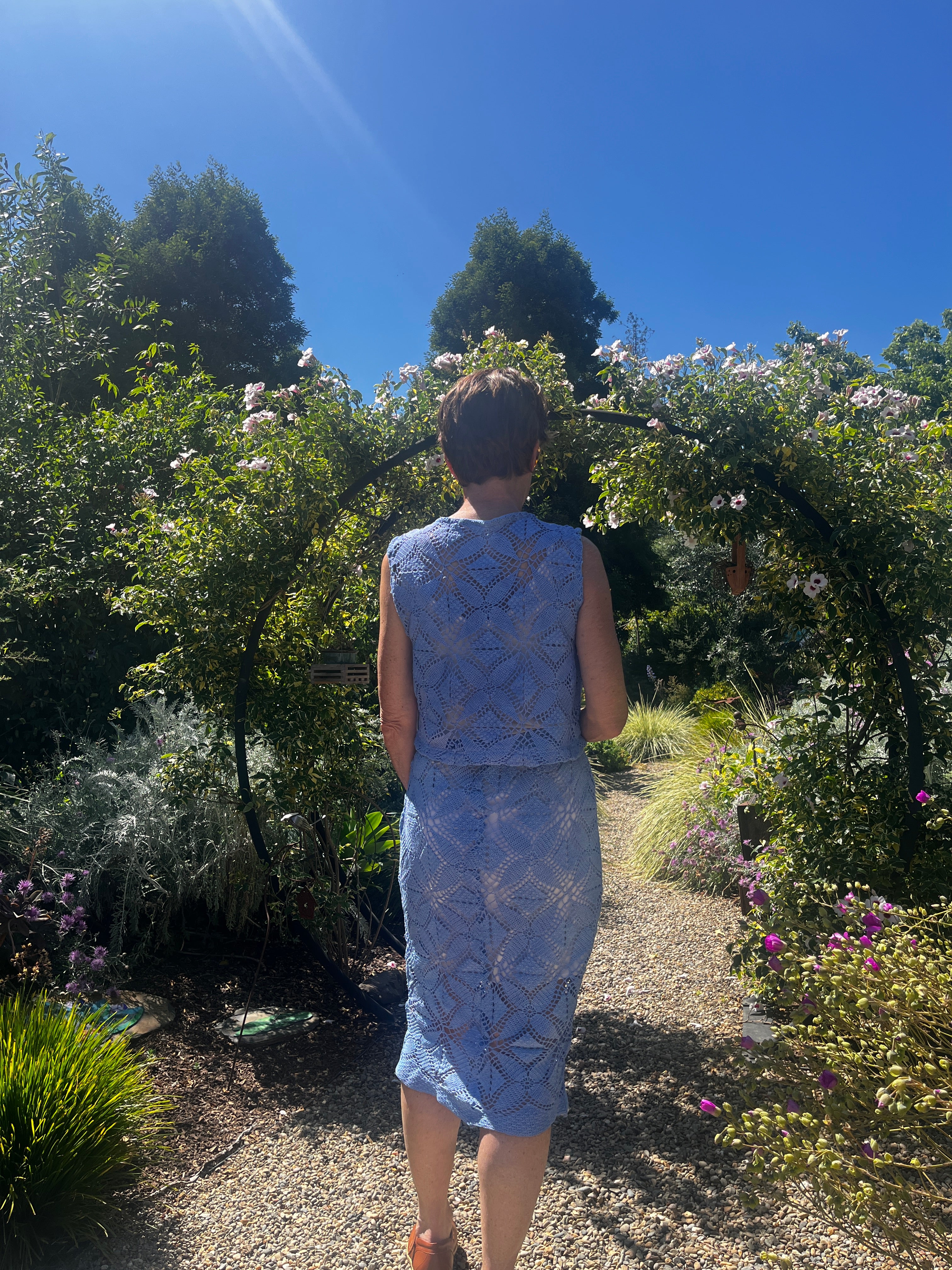 Handmade Blue Crochet Two-Piece Set — Crop Top, Midi Skirt & Matching Belt, Upcycled Cotton